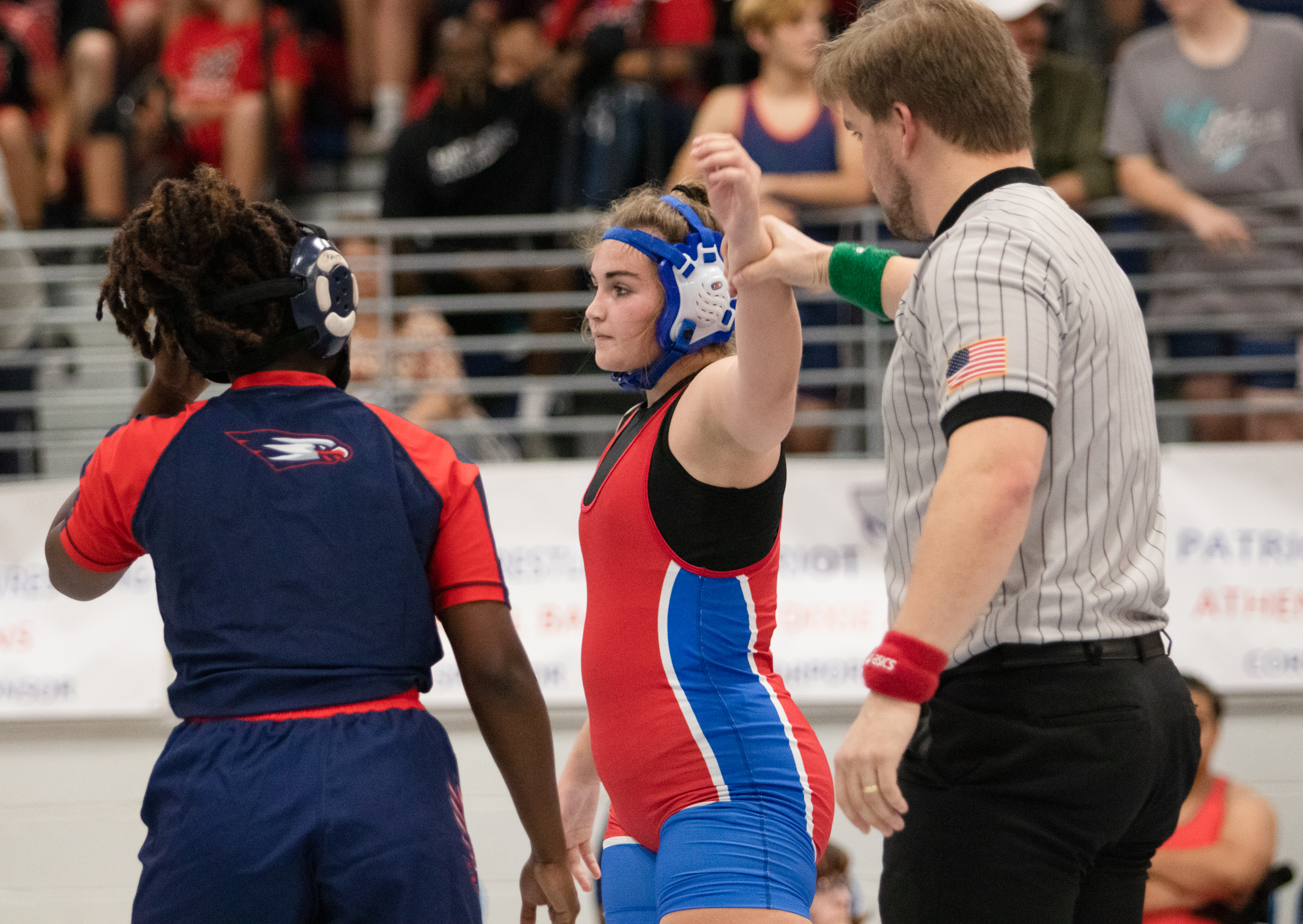 Kayleigh Hilley, who finished second in the state last year, wins a match against Putnam County's Breyesia Farley during Oglethorpe County's 72-18 win on Nov. 18. (Photo/Sarah White)
