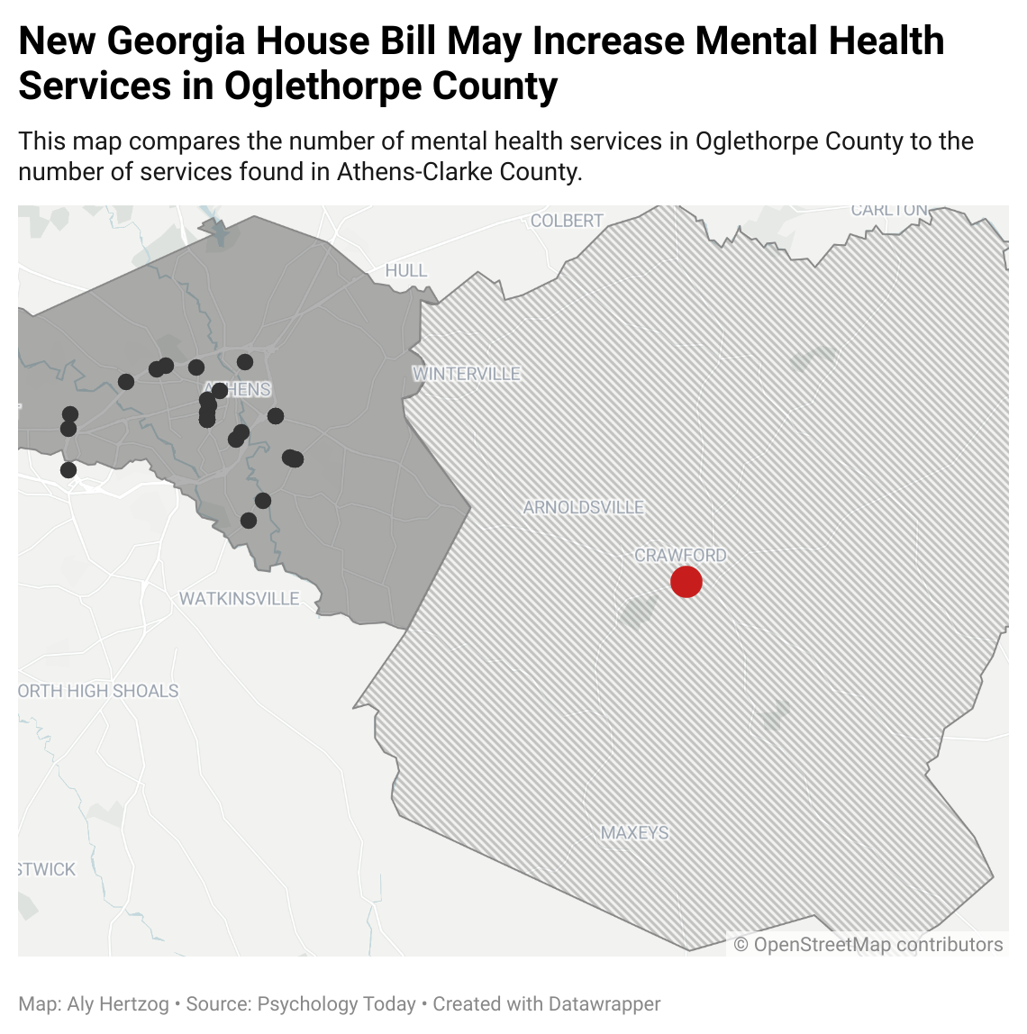 This map compares the number of mental health services in Oglethorpe County to the number of services found in Athens-Clarke County. (Aly Hertzog/The Oglethorpe Echo)