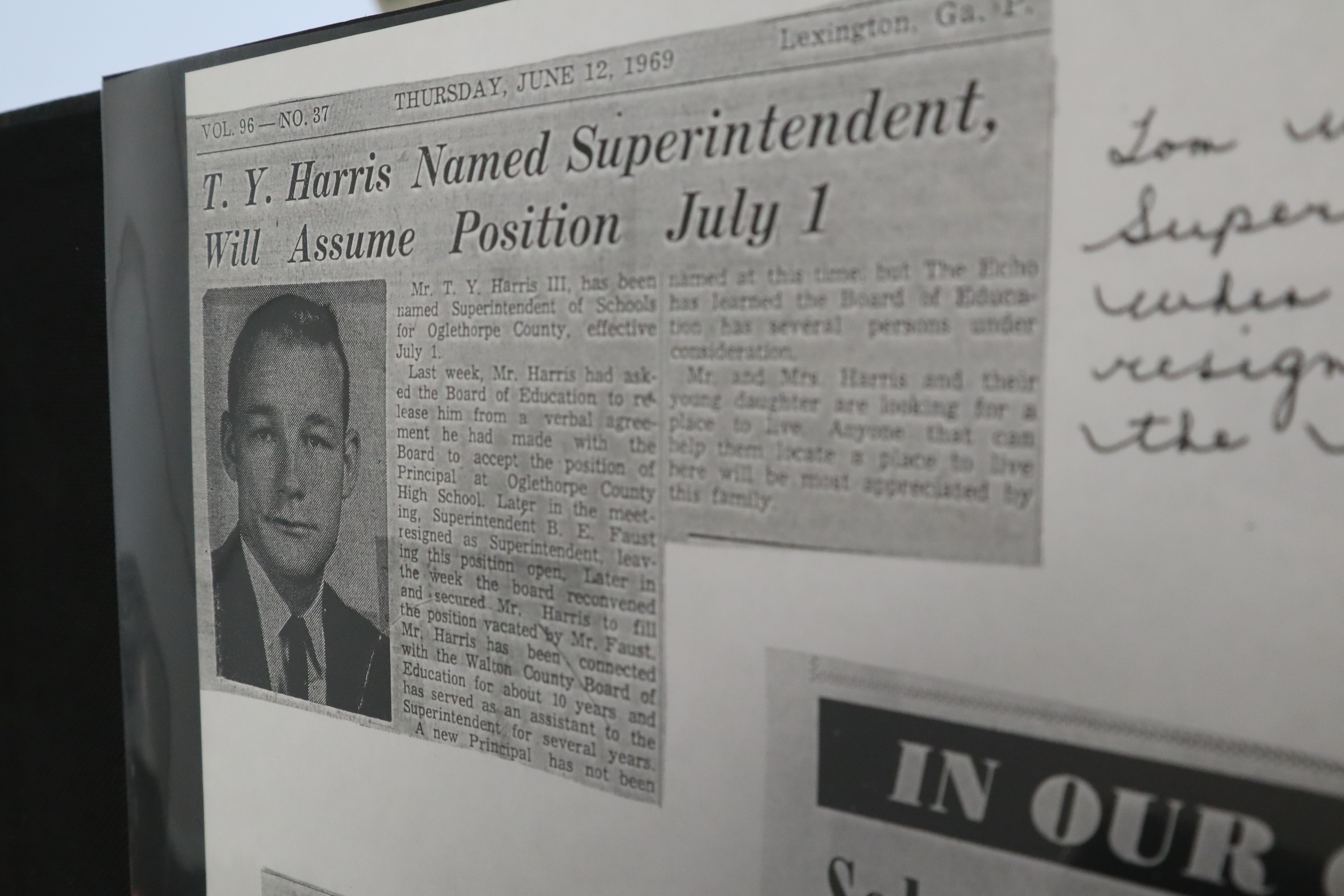A newspaper article announces the hiring of T.Y. Harris as Oglethorpe County School superintendent on June 12, 1969. He remained in that position until 1996. (Yana Obiekwe/ The Oglethorpe Echo)