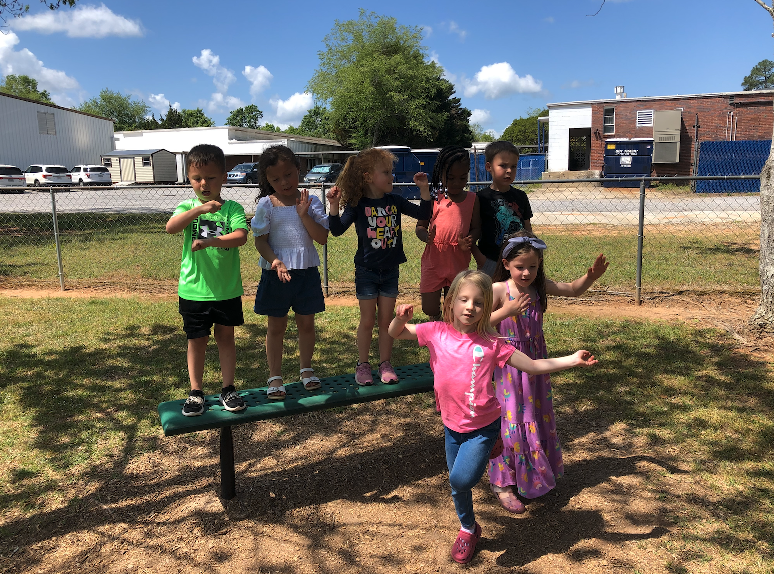 Students enjoy a dance party in pre-K classes taught by Oglethorpe County Primary School’s Andrea Ash and Kelli Kitchen. The students include (on bench, from left): Bennett Owens, Valeria Teran-Jaramillo, Ellie Casper, Laila Bostic and Evan Withers; (front) Kaylee Westmoreland and Caroline Parham. (Submitted Photo)