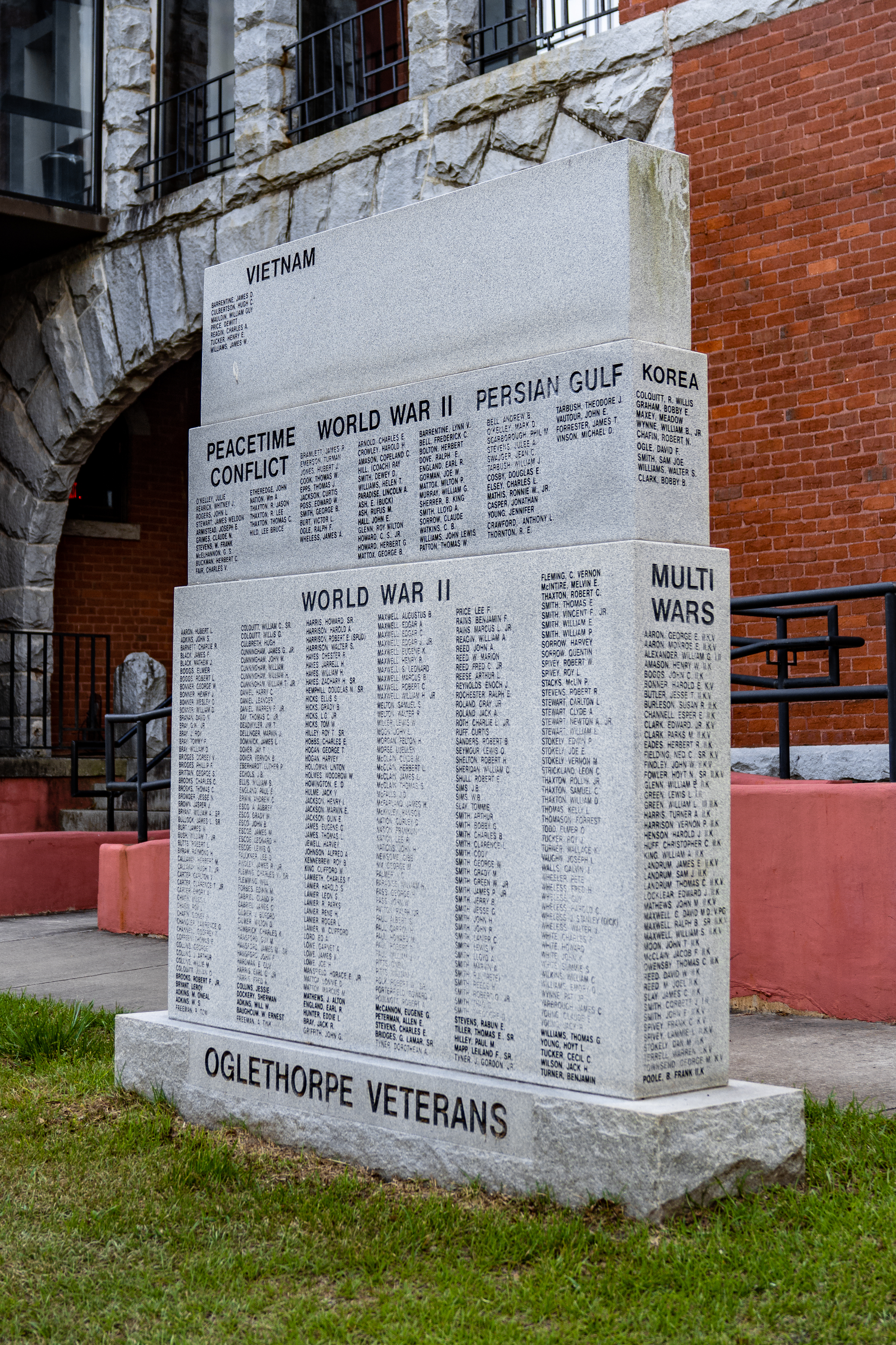 The Oglethorpe County Veterans Memorial stands outside of the Oglethorpe County Courthouse in Lexington, Georgia. Installed in 2017, it features the names of Oglethorpe County residents who served in the U.S. military. (Photo/Jack Casey)