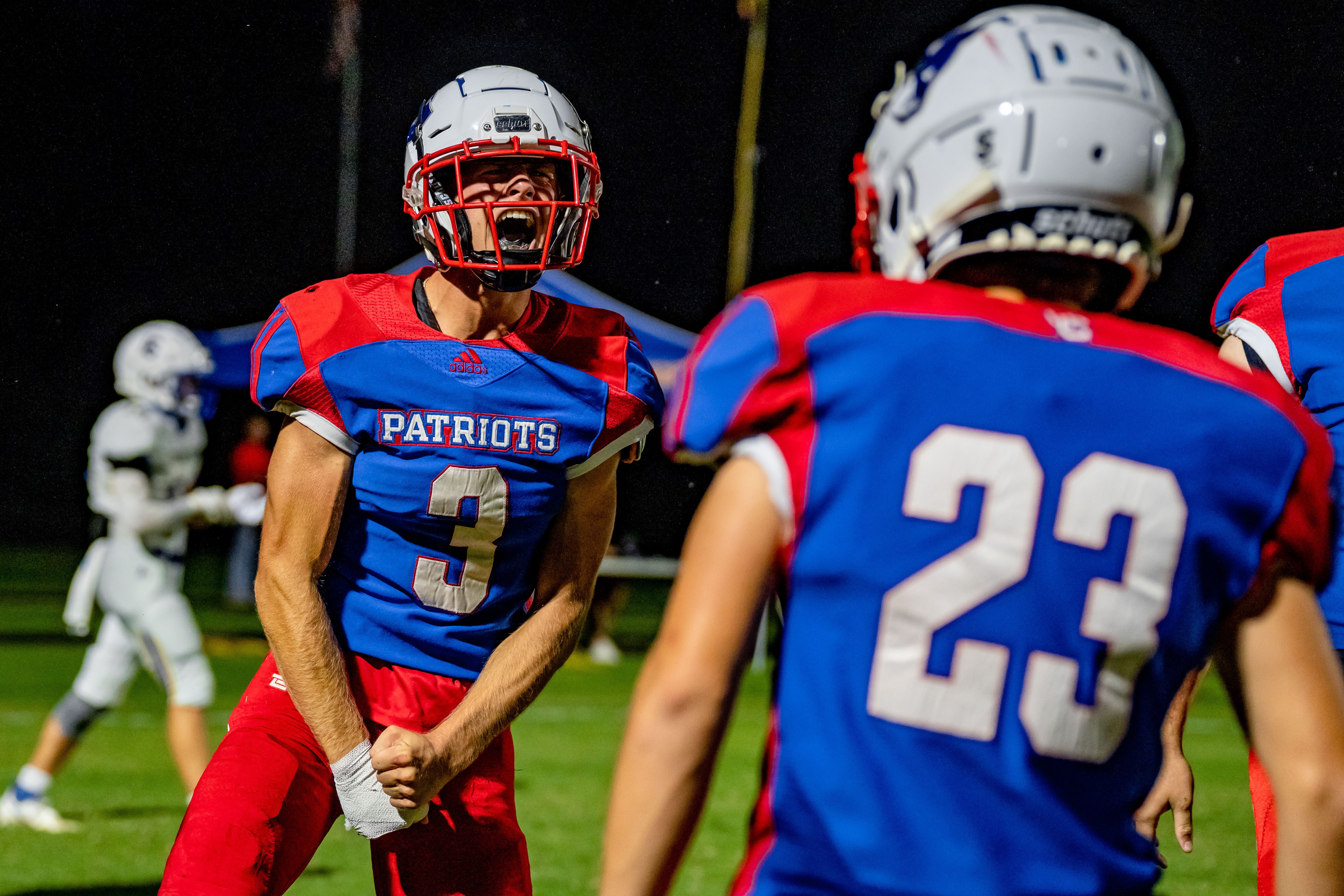 Quarterback Will Sampson lets his emotions show during an offen- sive performance in which he accounted for five touchdowns in OCHS’ 42-0 victory over Lake Oconee Academy on Friday night. (JACK CASEY/THE OGLETHORPE ECHO)