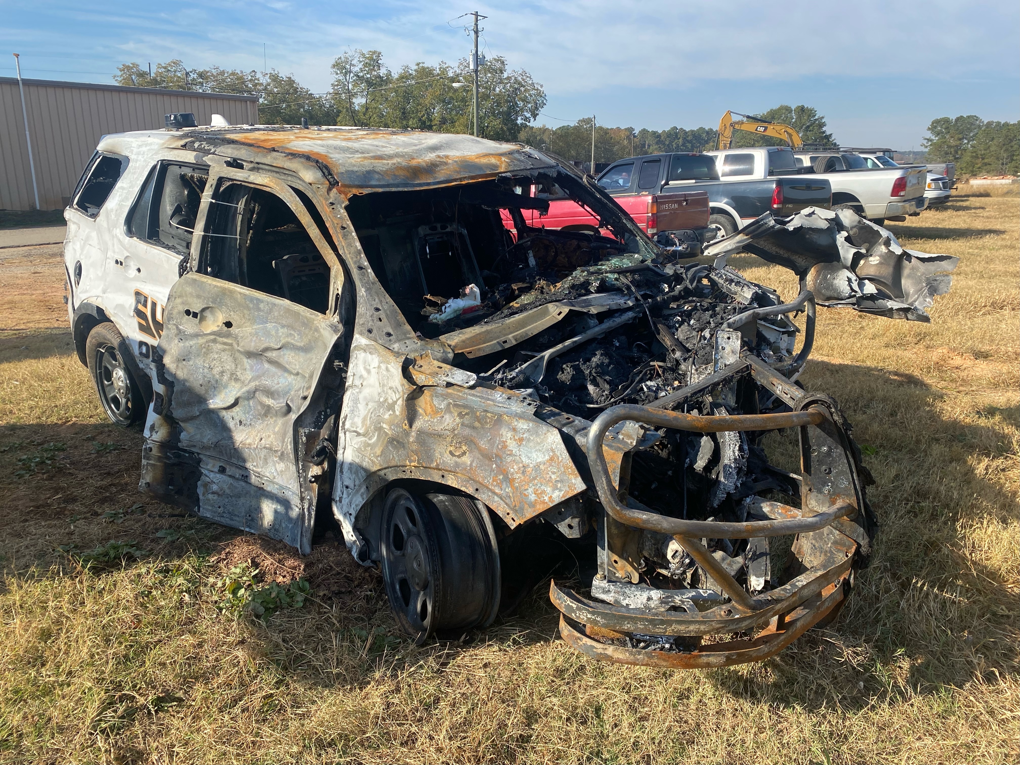 Oglethorpe County Sheriff’s Office Deputy Kevin Wright’s patrol SUV is at the county maintenance shop after last week’s single-car accident on Arnoldsville Road. (Photo/Dink NeSmith)