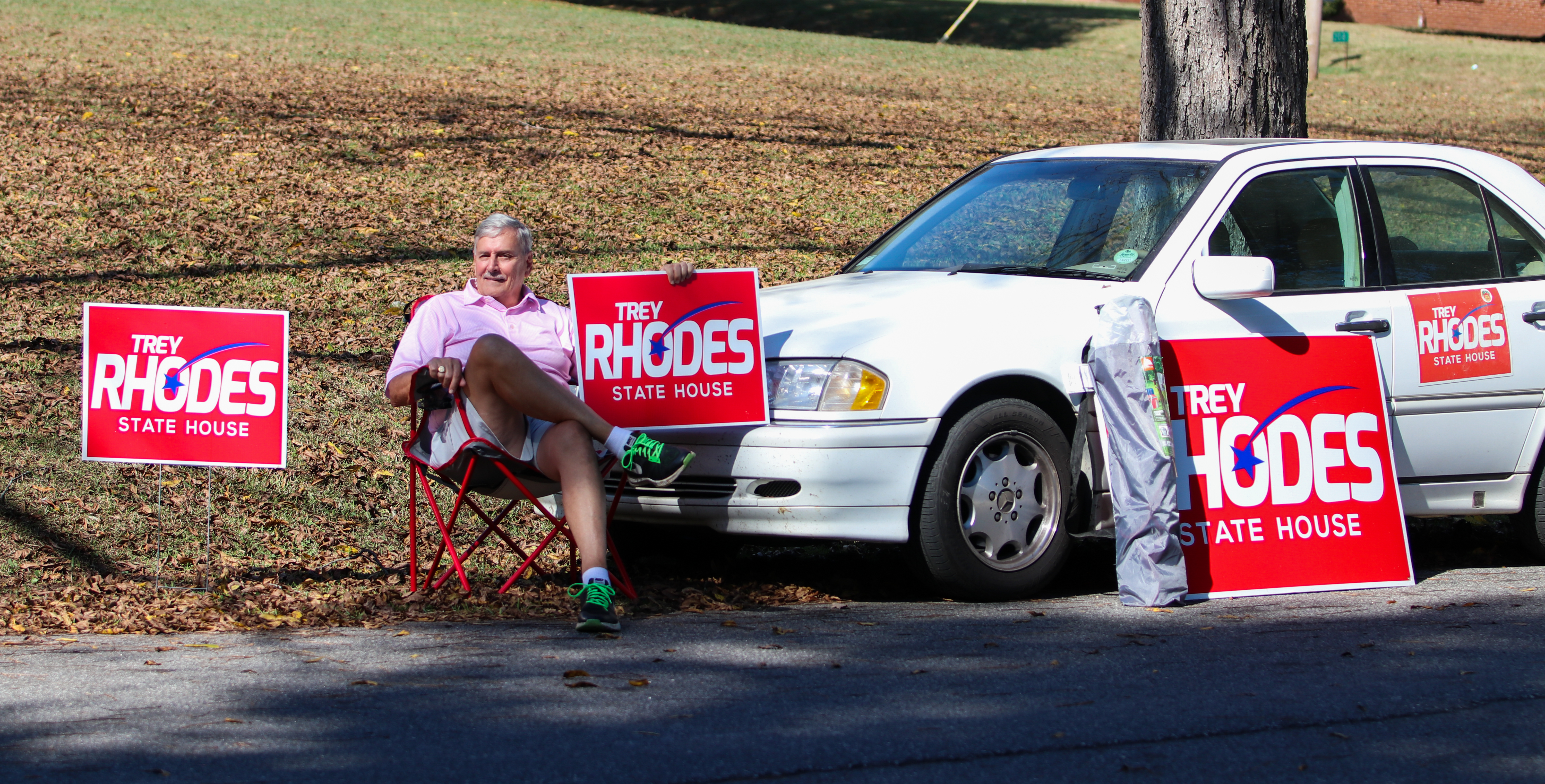 Lanier Rhodes, who is state Rep. Trey Rhodes’ dad, campaigns outside Lexington Baptist Church on Tuesday. Rhodes defeated Democratic challenger Kat Howkins, of Winterville, in the Georgia House District 124 race.
