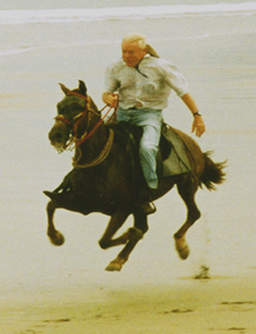 H.G. (Pat) Pattillo introduced me to places on the globe to where I had never been. A favorite destination was his beachfront ranch in Costa Rica. A typical afternoon horseback ride would include climbing up a flattop water tower to watch the orange panorama of a Pacific sunset. Next would come a race back to dinner at Hacienda Pinilla. As this photo by his son-in-law Glenn Cohen shows, HGP lived up to his motto: “Ride hard or eat my dust.”