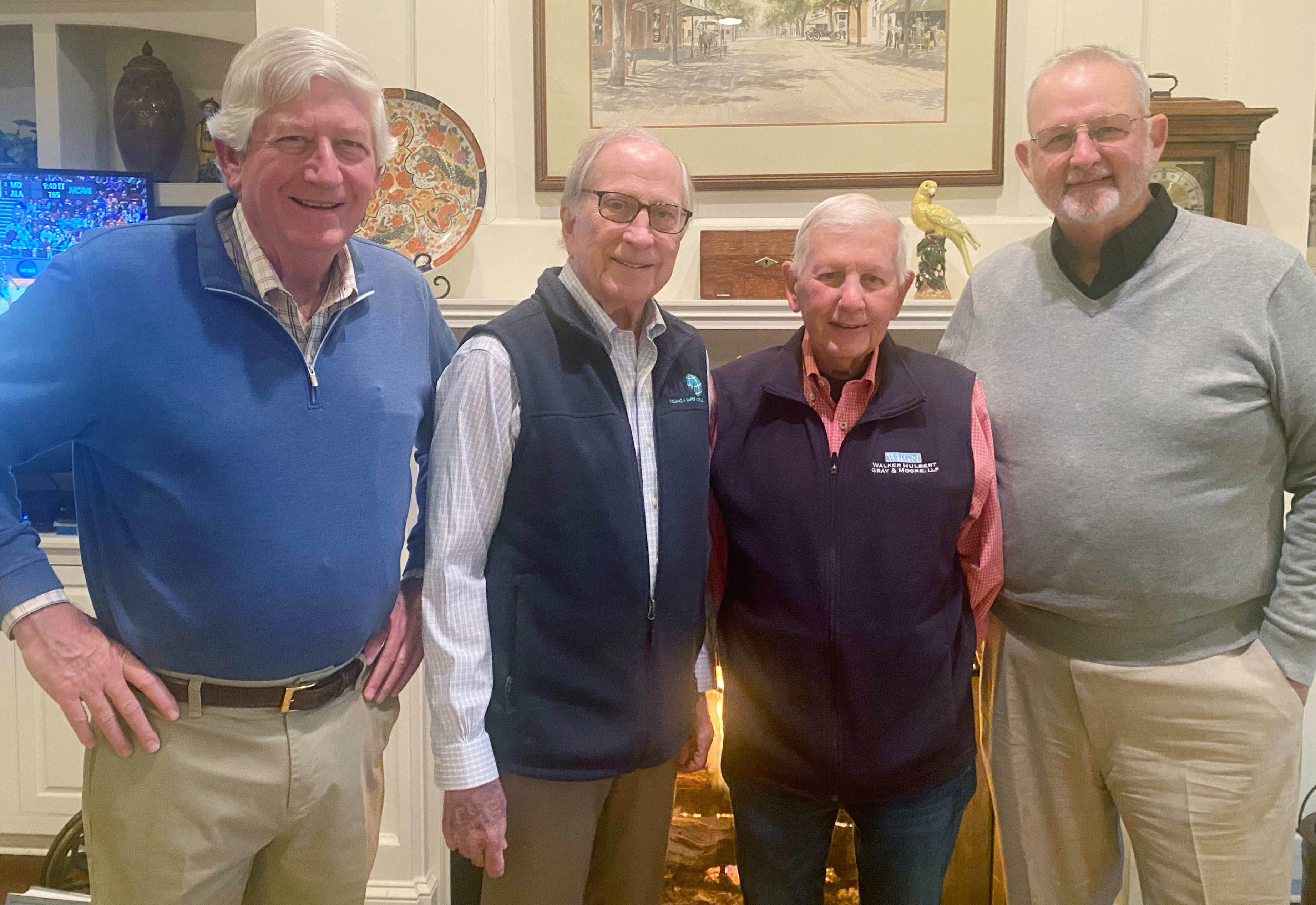 On a chilly Saturday night, we enjoyed Larry Walker’s hospitality and the warmth of his fireplace. With me, from left, are former U.S. Sen. Sam Nunn, Larry and Danny Carpenter. (Janice Walker/The Oglethorpe Echo)