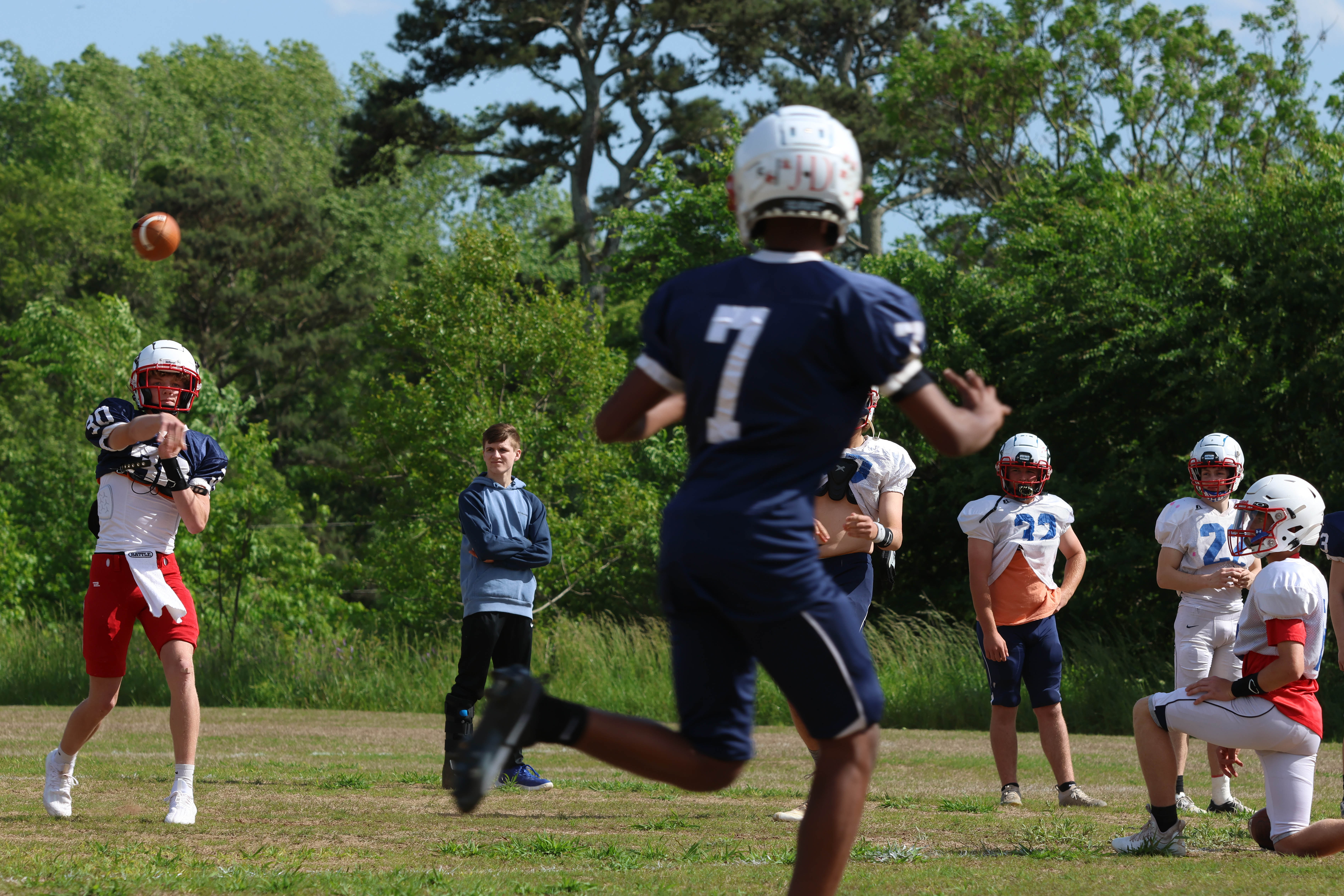 Oglethorpe County’s Hunter Hall (30) throws to Nicah Pass (7) at spring practice last week. The Patriots began drills on May 9 and will continue through the spring game at Chestatee at 7 p.m. Thursday, May 18. (LANDEN TODD/THE OGLETHORPE ECHO)