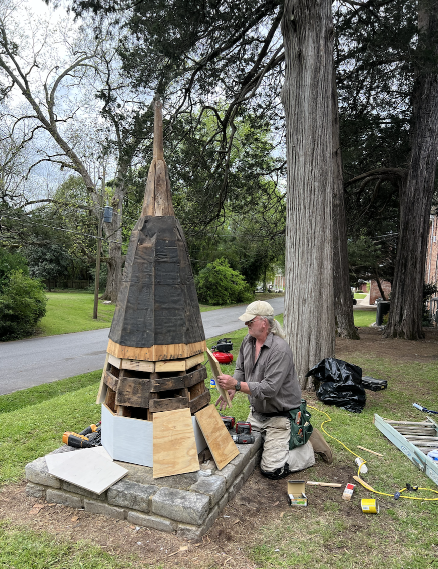 Carpenter Peter Mallet works on the old steeple at Lexington Baptist Church earlier this year. The steeple was installed in 1893 and replaced in 1975, but remains on church grounds. (SUBMITTED PHOTO)