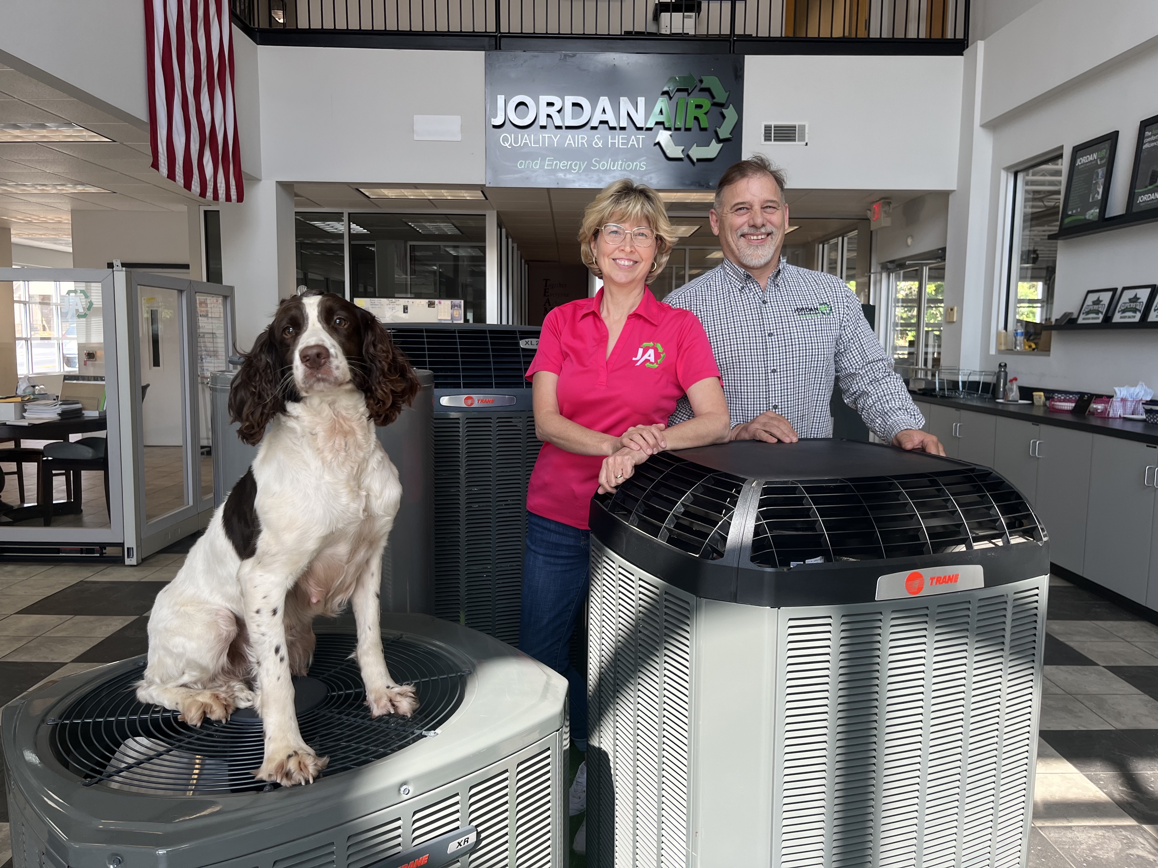 Carolyn and Donnie Jordan, with their dog Alice, moved Jordan Air to downtown Crawford in 2018. It has become one of Oglethorpe County’s largest private employers. (JESSE WOOD/THE OGLETHORPE ECHO)