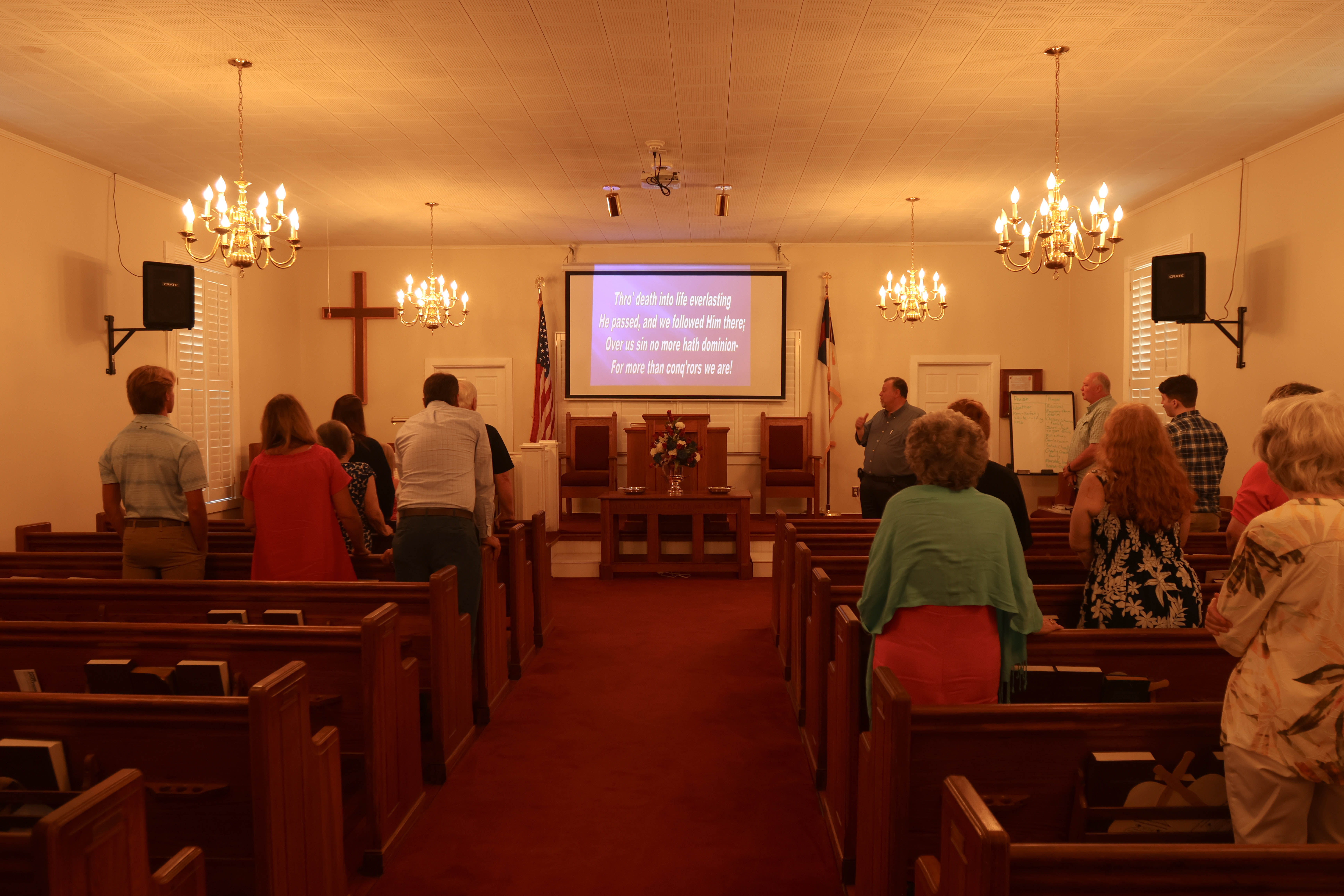Pastor Ken Keely leads the congregation in worship as the church in Stephens celebrates its 210th anniversary on Sunday. The church, which was established in 1813, had a potluck lunch after the service and was scheduled to hold three nights of revival services this week. (LANDEN TODD/THE OGLETHORPE ECHO)