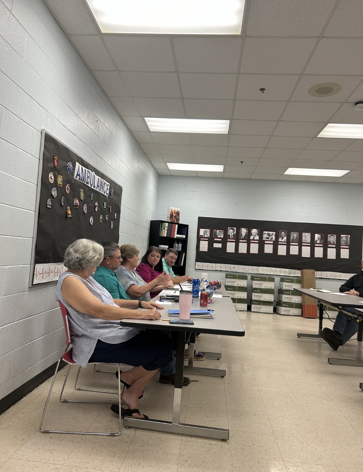 The Oglethorpe County Board of Education’s Susan Robinson (from left), Tim Poole, Beverley Levine, Becky Soto and Jake Willcox meet on July 20. They selected Guillermo Camacho to fill the vacated District 1 seat. (MCCAIN BRACEWELL/THE OGLETHORPE ECHO)