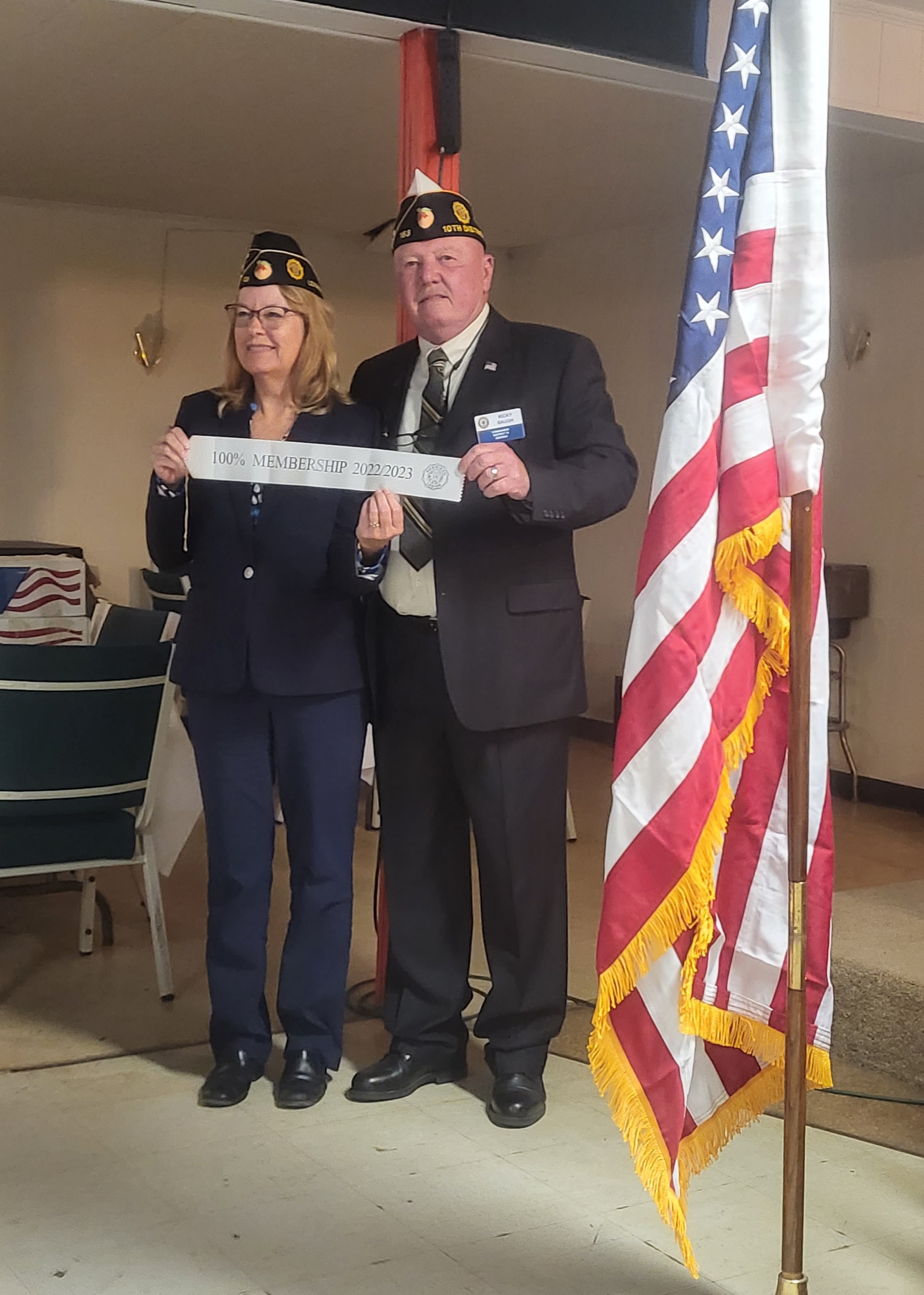 Carol Eidson, commander of Post 123, and Rick Baugh, 10th District commander, hold the membership award at the 104th annual convention. (SUBMITTED PHOTO)