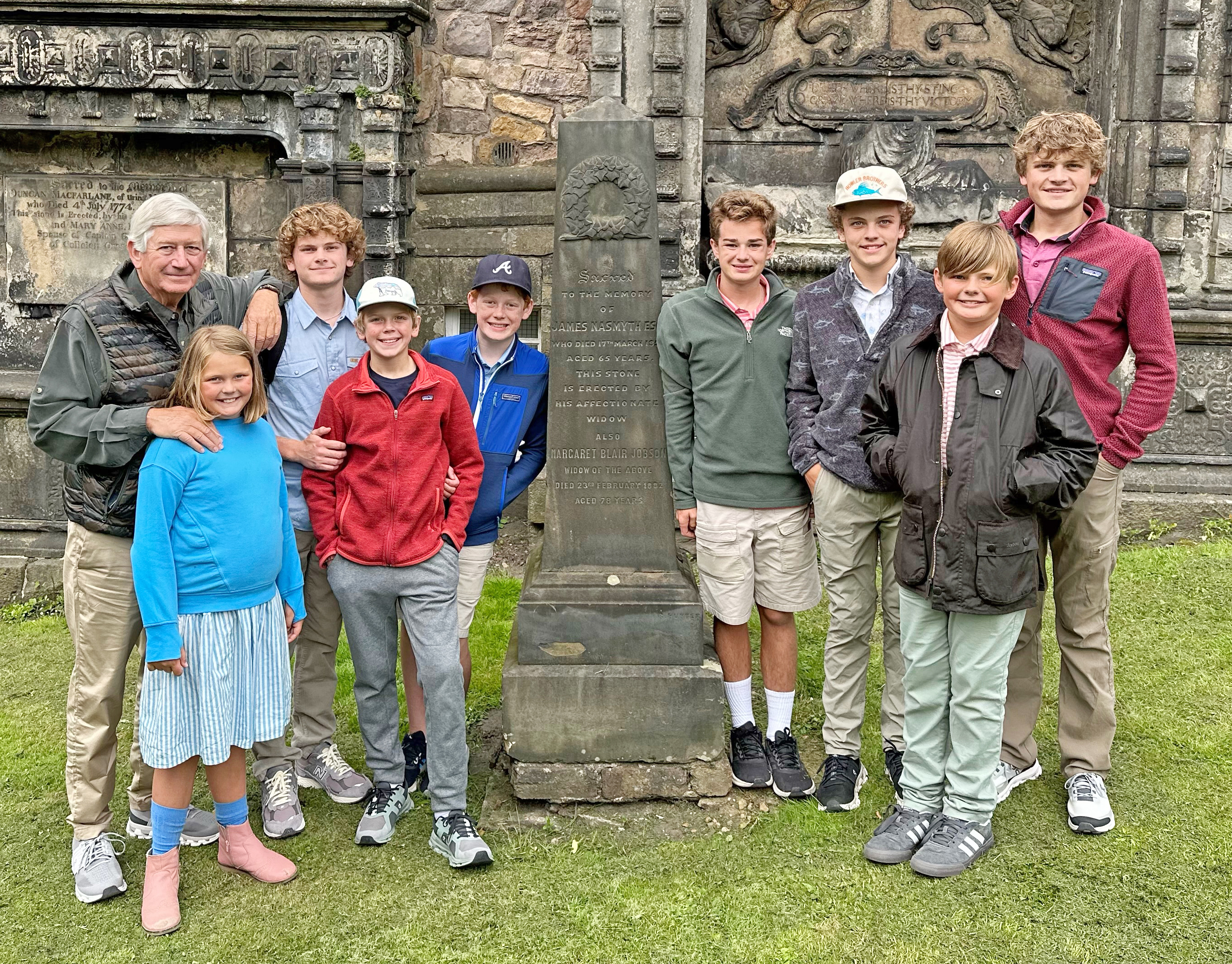 One of my goals for the United Kingdom trip was for our grandchildren to visit the graves of some of our “Nasmyth” ancestors in Scotland. Standing with me, from left, are Stella NeSmith, 9; Hayes Wilson, 16; Smith Wilson, 10; Fenn NeSmith, 12; William NeSmith, 14; Henry Wilson, 14; Bayard NeSmith, 11; and Wyatt Wilson, 19. Several Nasmyths are buried in Edinburgh’s Greyfriars Kirkyard cemetery. (SUBMITTED PHOTO)