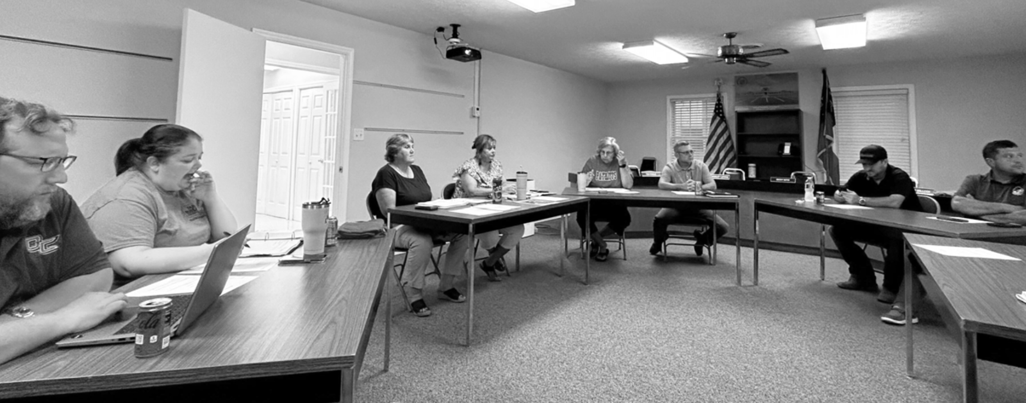 Superintendent Beverley Levine and members of the Oglethorpe County Board of Education meet in the Central Office for the first time since the building flooded in December. (MCCAIN BRACEWELL/THE OGLETHORPE ECHO)