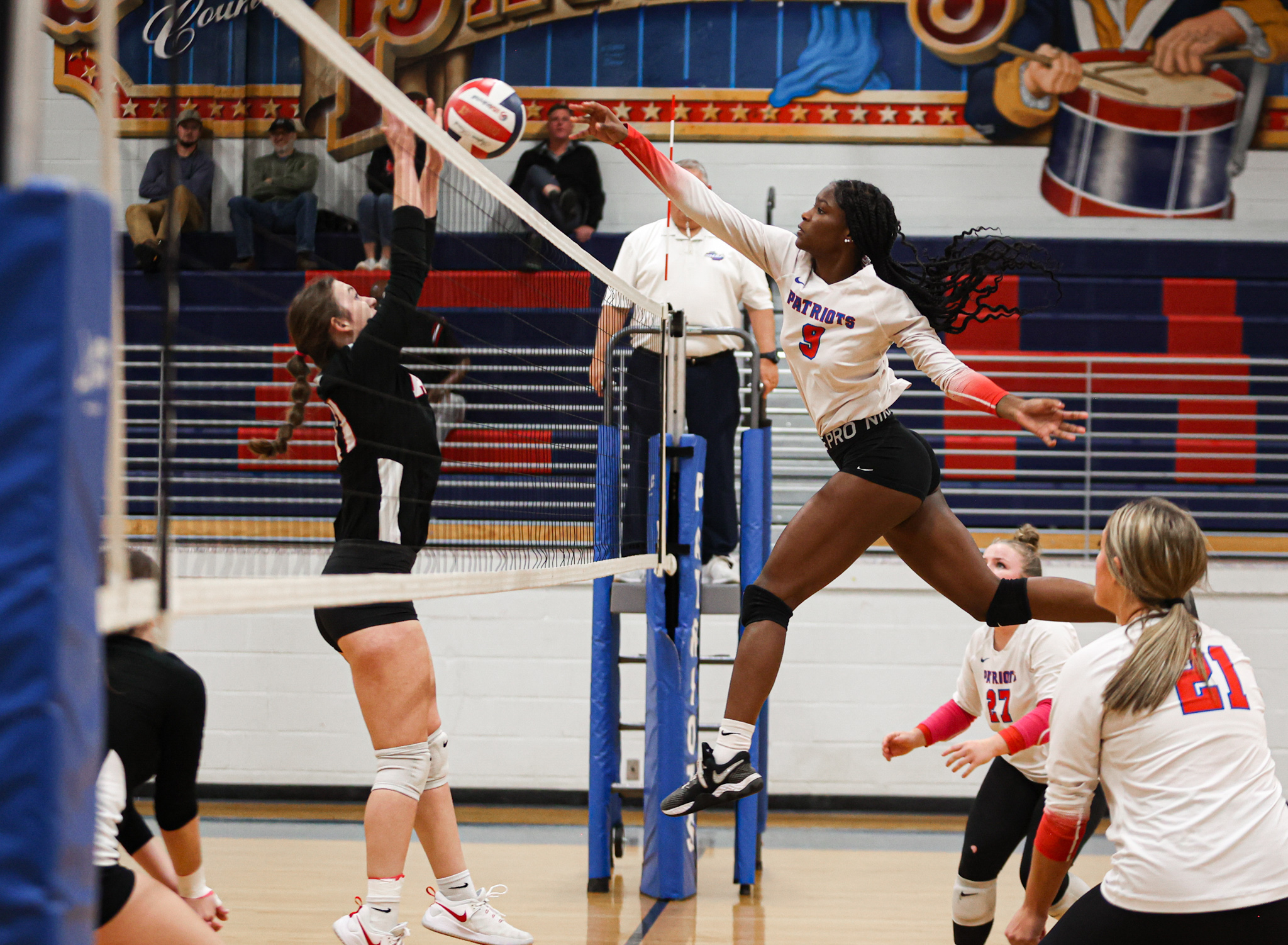 Junior Kenzie Henderson spikes the ball during Oglethorpe County's first-round Class A Division I tournament win over Rabun County on Oct. 18. The Patriots advanced to the Sweet 16, but fell to Whitefield Academy on Saturday. (CASSIDY HETTESHEIMER/THE OGLETHORPE ECHO)