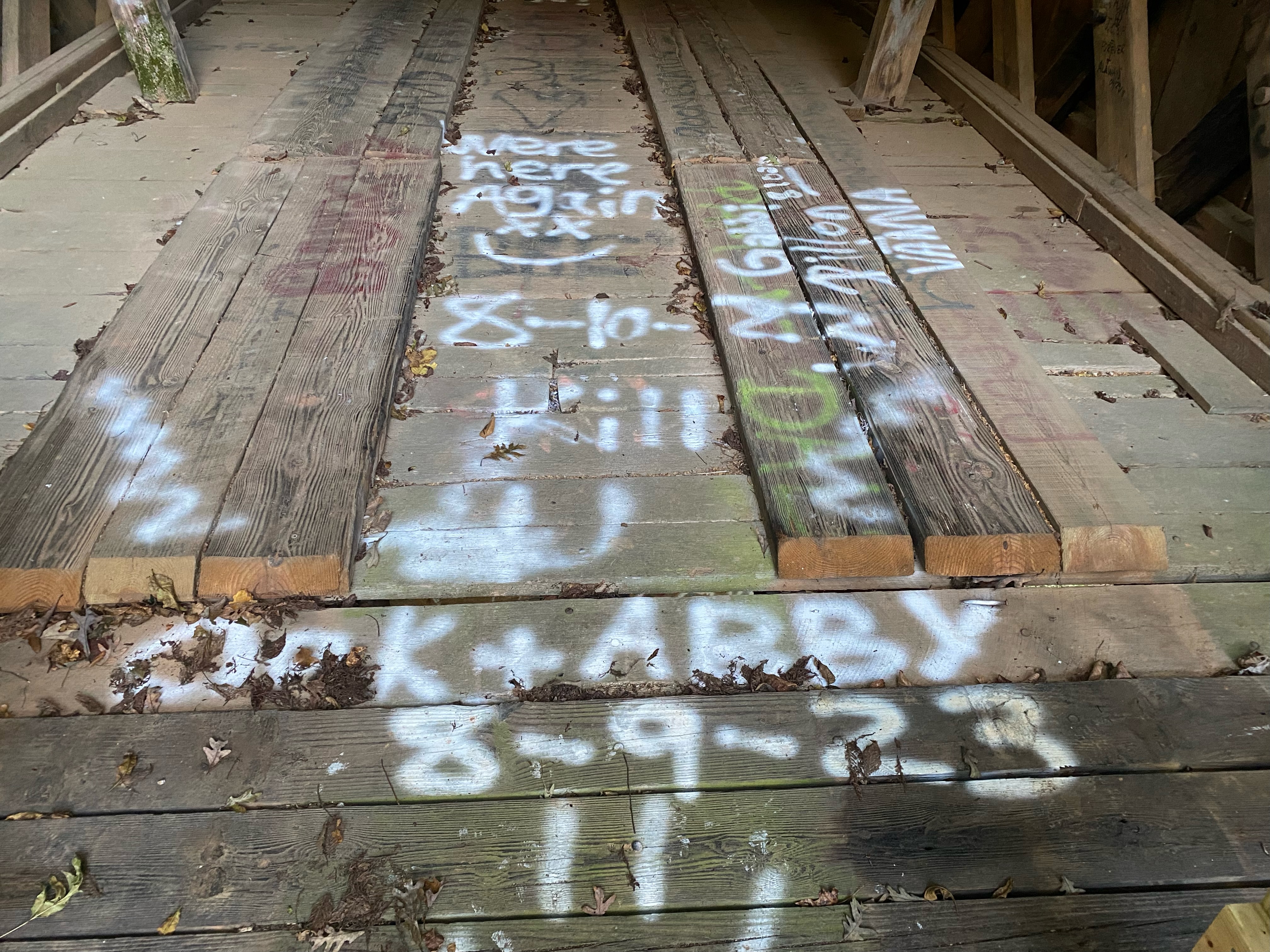 Graffiti covers the recently repaired Howard’s Covered Bridge, which was built in 1904-05. (Submitted Photo)