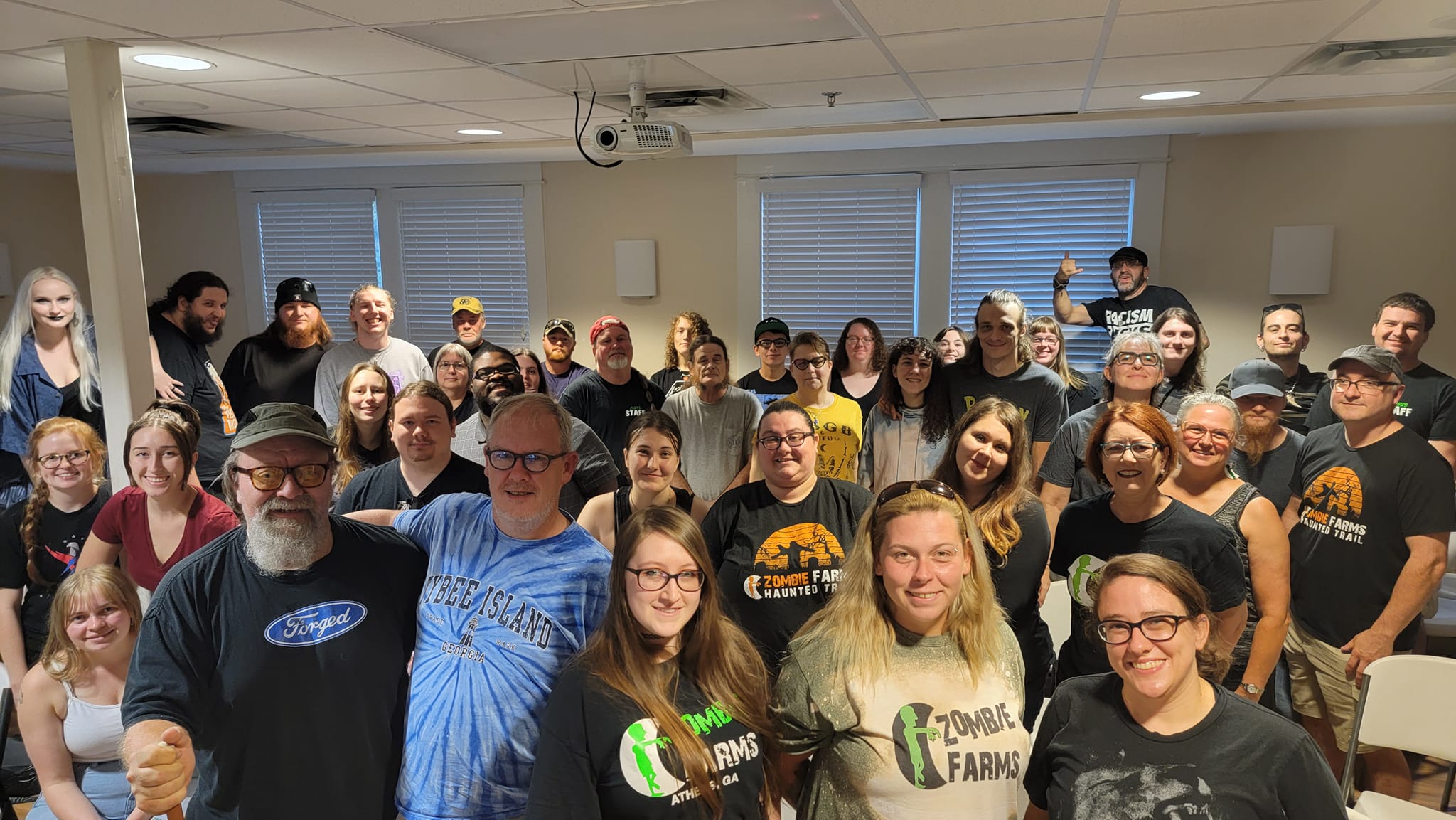 Half of this year’s Zombie Farms staff gathered for a recent group shot. Owners Patrick and Cynthia MacDonald host multiple casting calls a season and generally have about 100 people on staff.