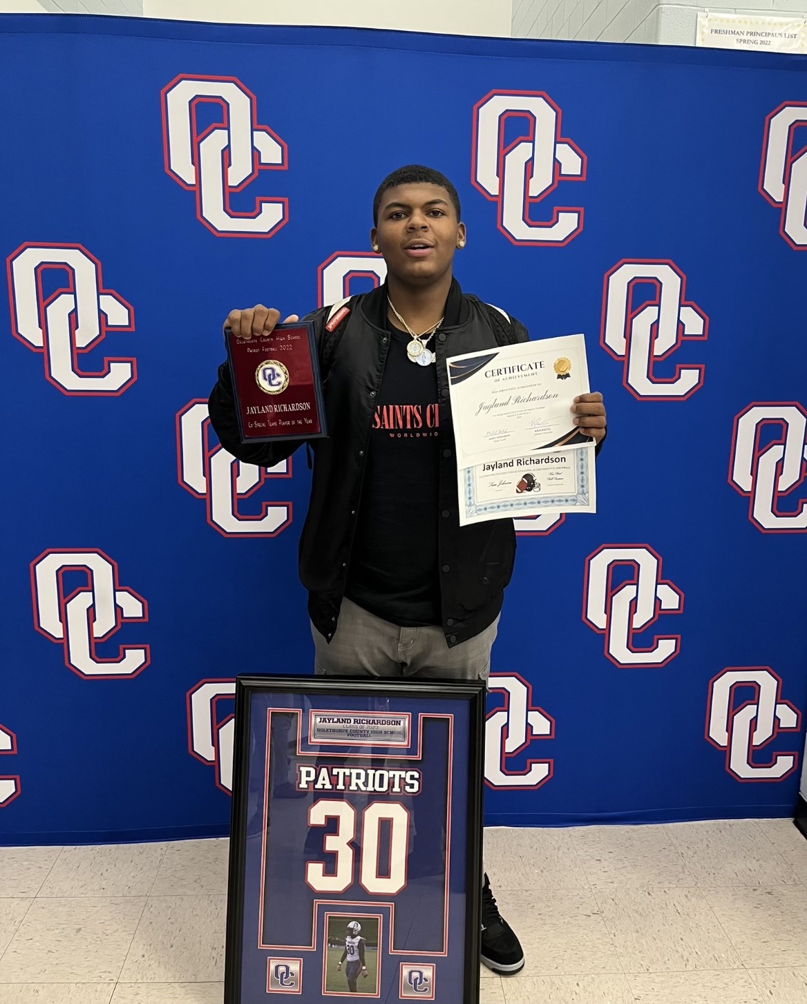 Jayland Richardson collects his end-of-season awards at the annual Oglethorpe County High School football banquet. Richardson just finished his first college football season with the Central Georgia Technical Institute Titans in Warner Robins, gaining a South Atlantic Conference Championship and the National Club Football Association National Championship. (Submitted Photo)