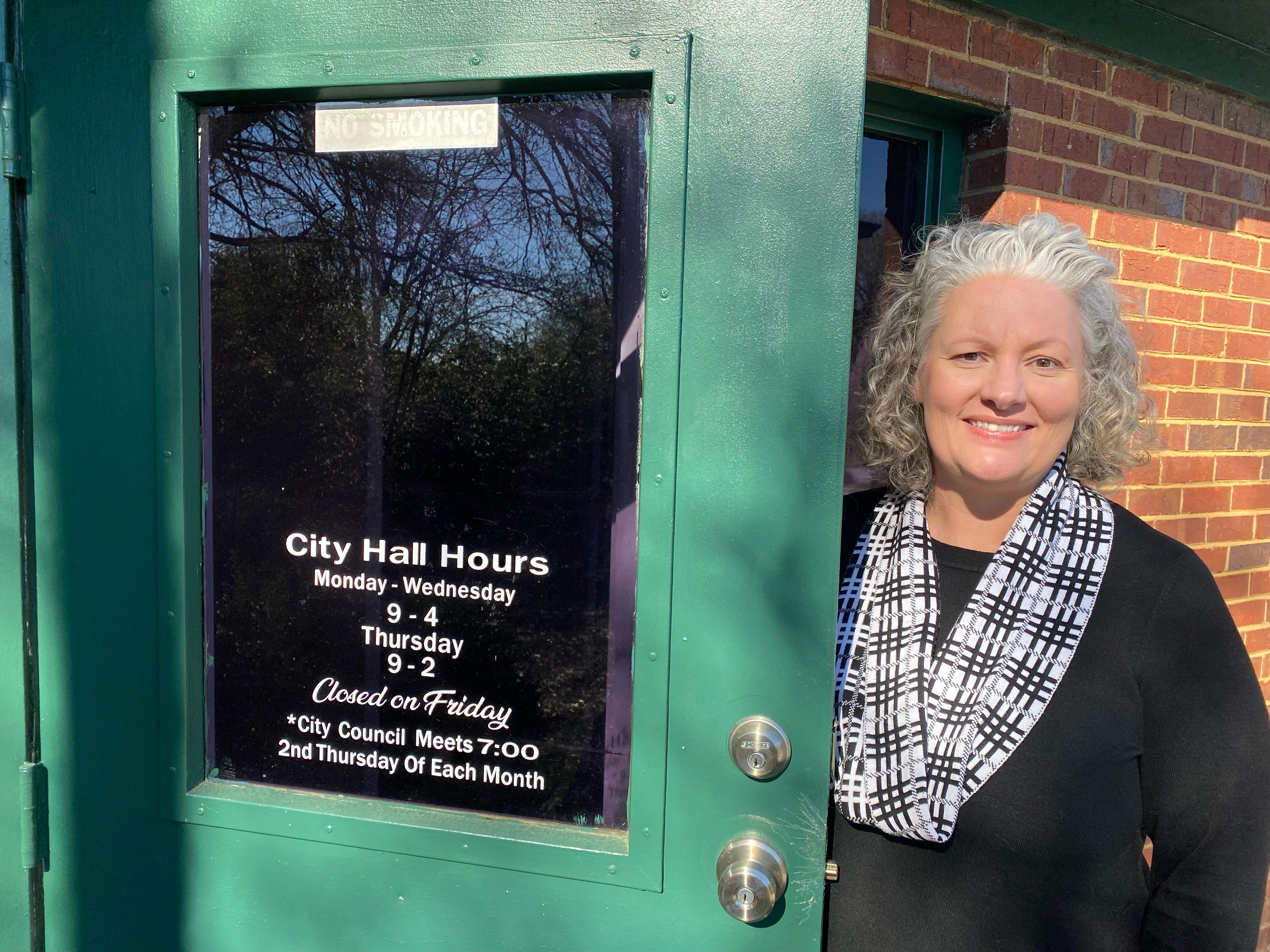 Lexington City Clerk Kim Bradford stands at the door of the new Lexington City Hall, which is being remodeled. Mayor Craig Snow said the renovations and a new parking lot are nearly complete. (Dink Nesmith/The Oglethorpe Echo)