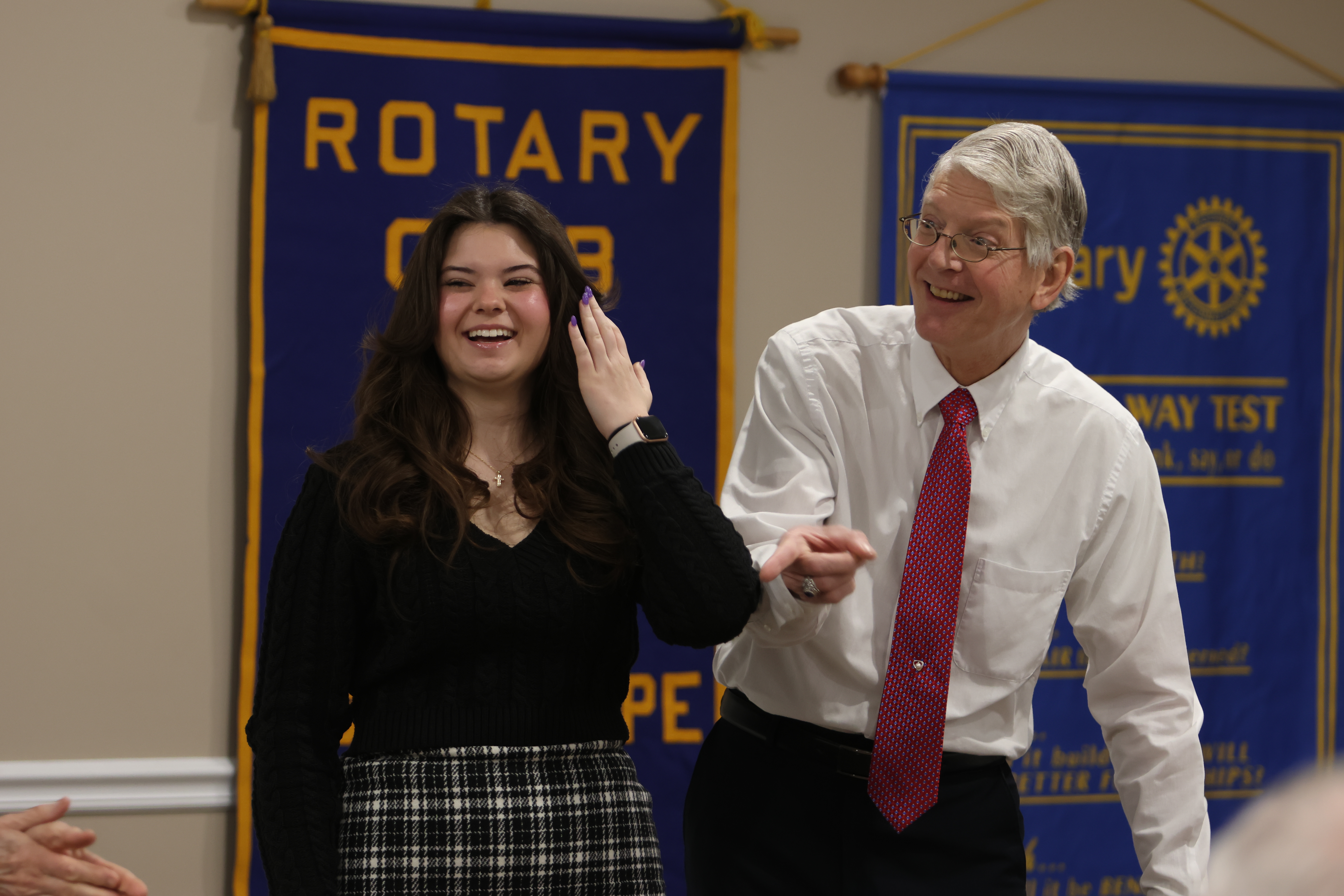 Oglethorpe County High School’s 2024 STAR student Macie McDaniel (left) and STAR teacher Eric Schmidt (right) share a laugh during the Oglethorpe Rotary Club meeting at the Farm Bureau on Feb. 2. McDaniel, a senior, and Eric Schmidt, who retired last year, were recognized during the meeting.