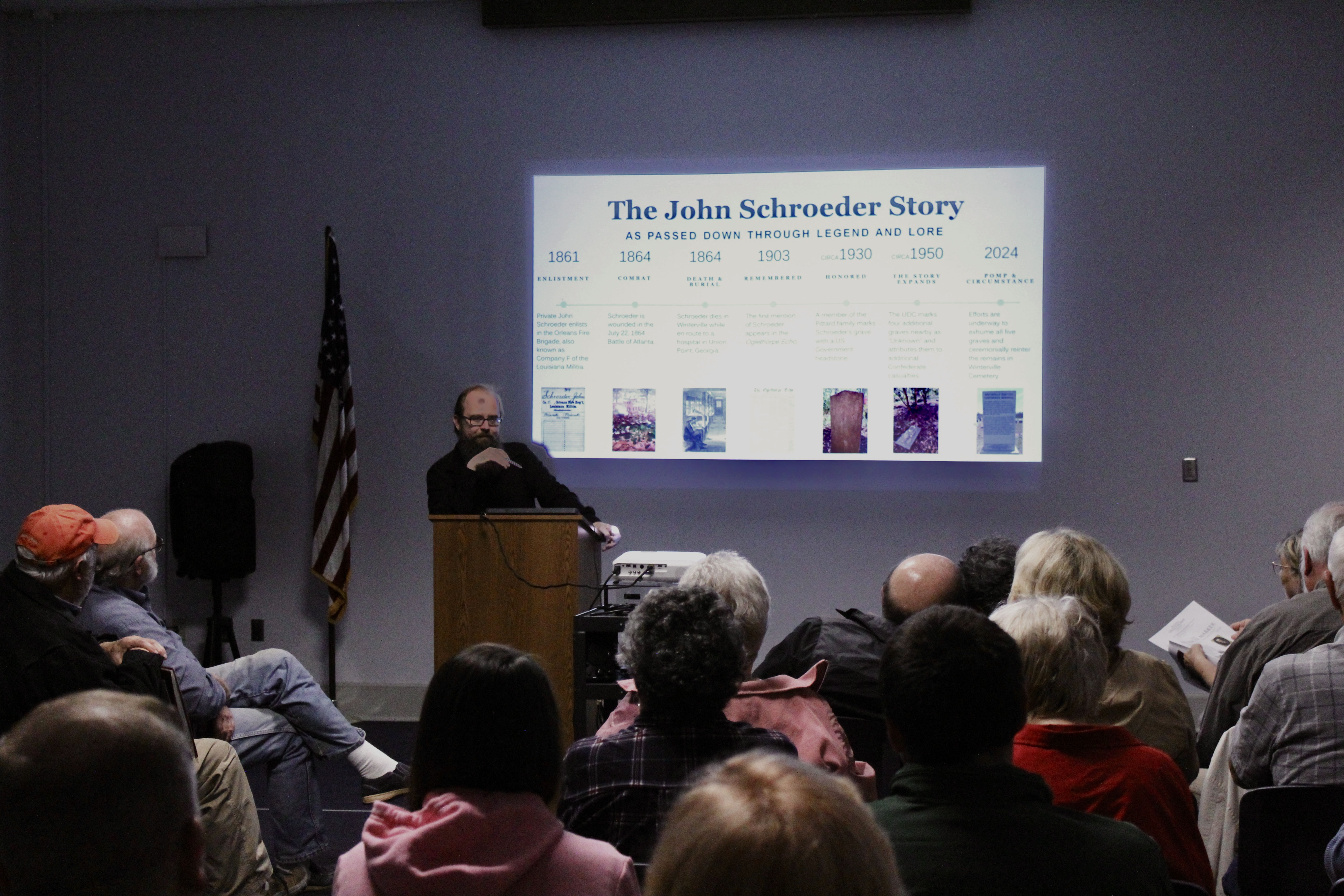 Jonathan Scott talks at a Historic Oglethorpe meeting, debunking the story surrounding Confederate soldier John Schroeder. Schroeder is said to be buried in Winterville. Michael Johnson/The Oglethorpe Echo
