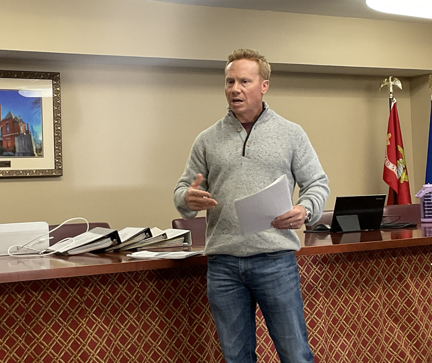 Andy Barrs, CEO of Barrs Industries, proposes a large mixed-use development project at the Economic Development Authority meeting Tuesday night. Barrs hoped to gain county approval as he develops a 114-acre plot of land partially within Arnoldsville city limits. (Margaux Binder/The Oglethorpe Echo)