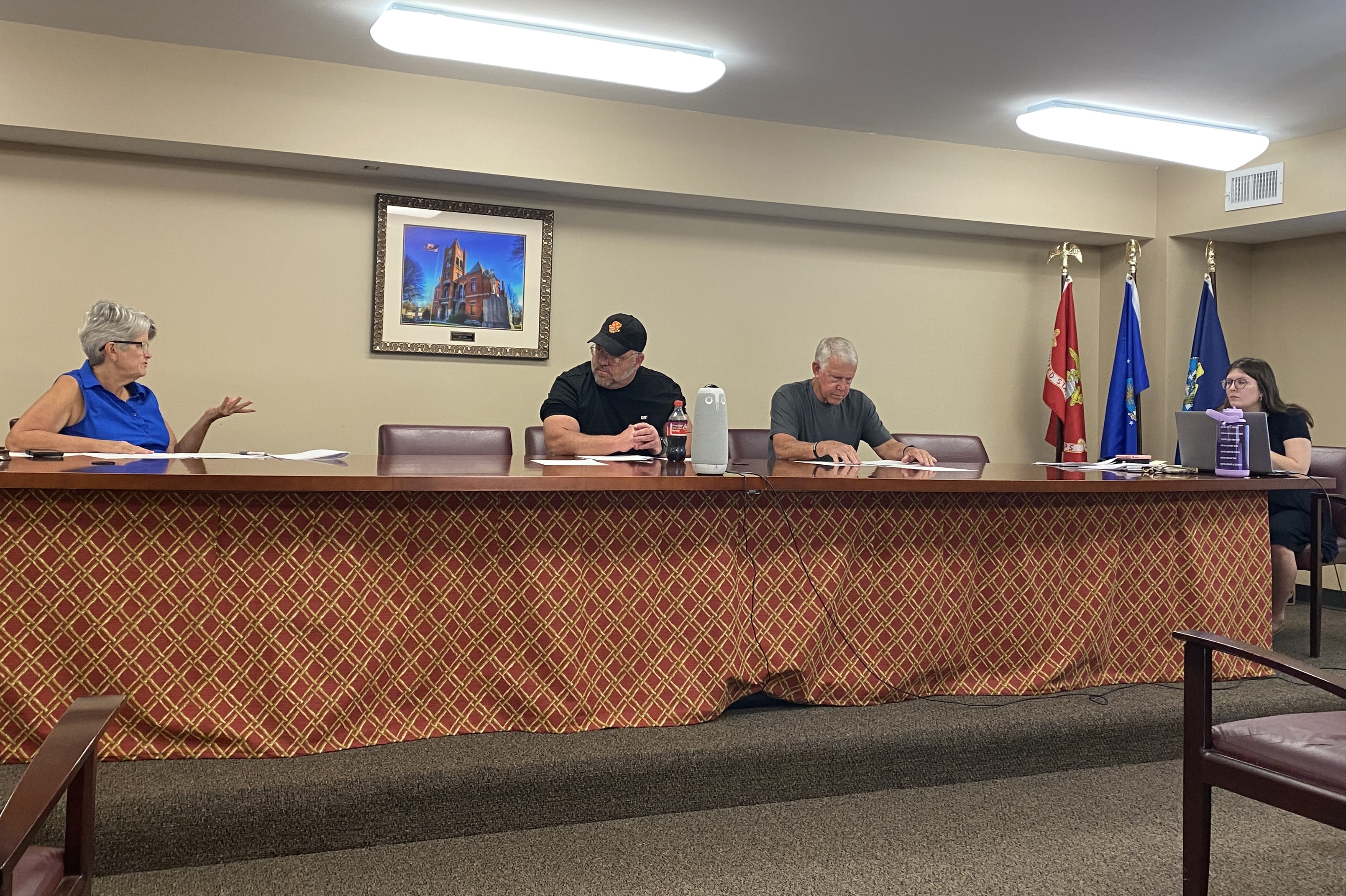 Oglethorpe County zoning board members Janet Hill (from left), Robert Drew, Jimmy Shealy and county planner McKenzie Spooner call the April zoning board meeting to order. The board approved two rezoning requests and discussed the 90-day moratorium on minor subdivisions. (Sarah Myers/The Oglethorpe Echo)