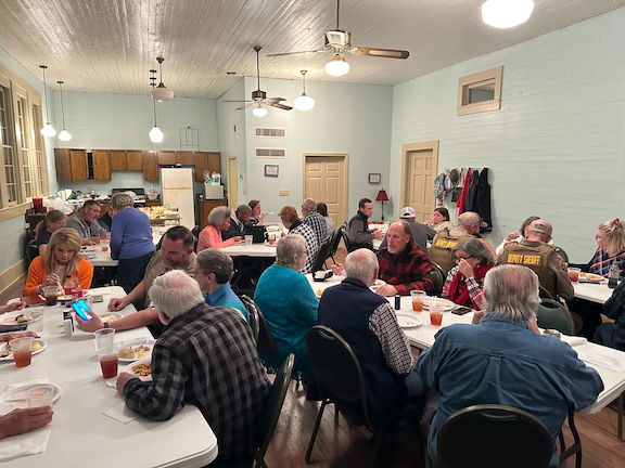 Members of the Maxeys Community Club had supper and listened to guest speaker Sheriff David Gabriel at their meeting on Feb. 1. About 35 members and guests attended this month’s meeting, the club’s first with a speaker since the pandemic. (Photo/Tyler Lary)