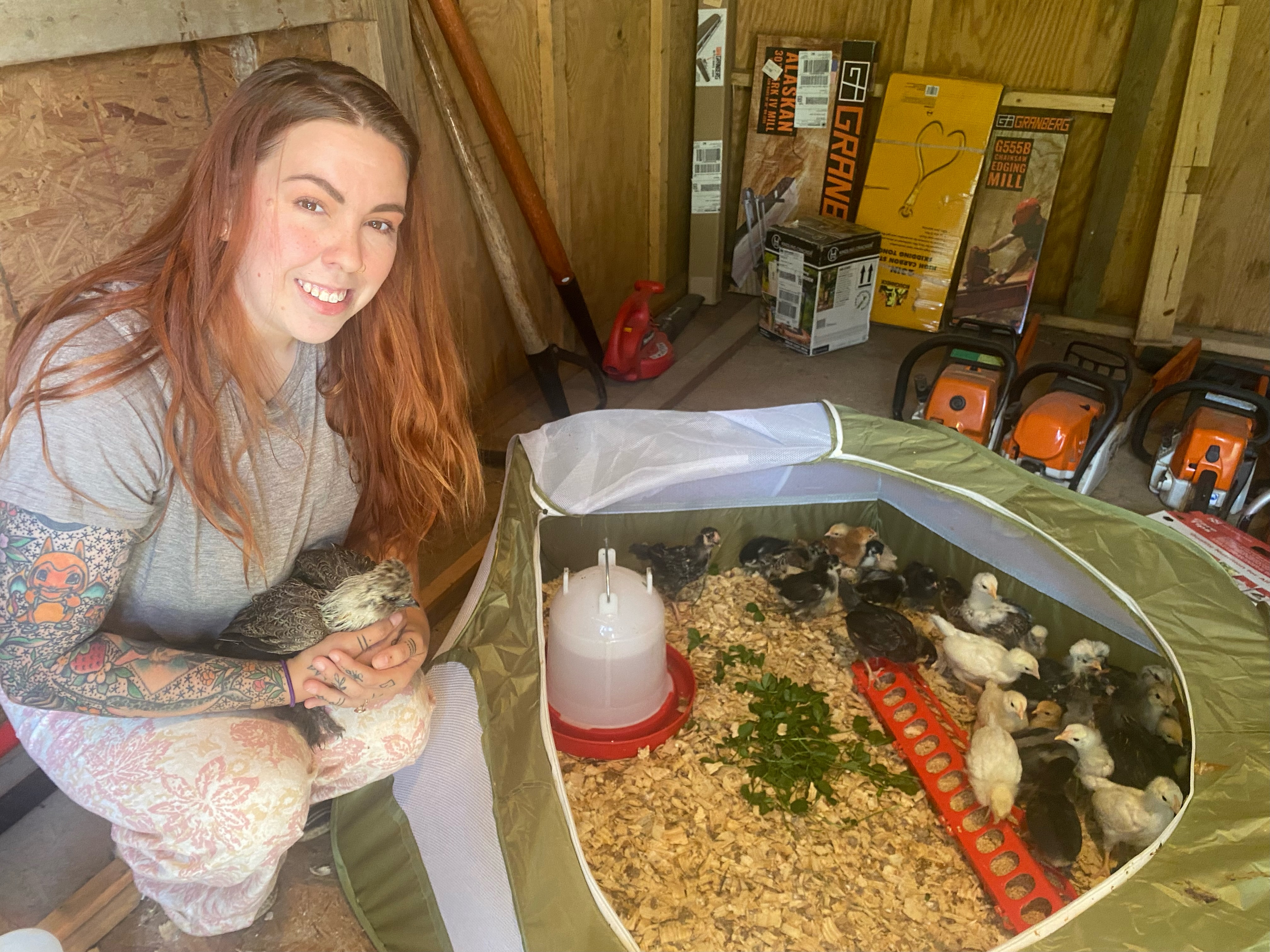 Sarah Rutherford, who said her previous flock of more than 30 chickens was nearly wiped out by a neighborhood dog, has a new flock with 42 birds, thanks to donations from folks throughout Oglethorpe County. The Lexington resident holds the only chicken to survive the recent attacks. (Dink NeSmith/The Oglethorpe Echo)