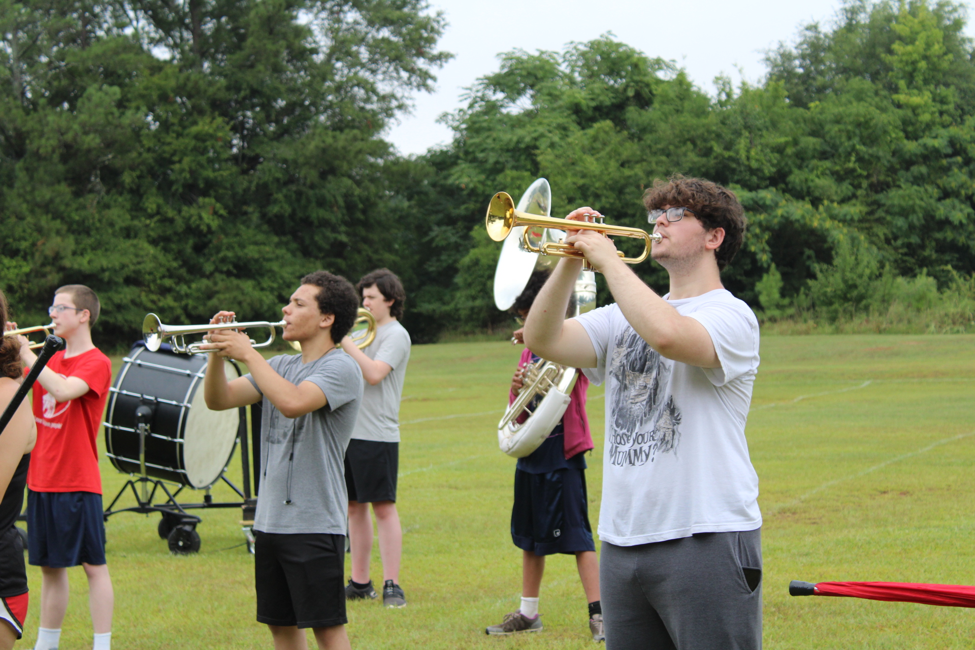 Senior, Rylie Campbell (Right) participates in his first marching band season. “I really like being around other people and making new friends,” said Campbell. (Sarah Coyne/The Oglethorpe Echo)