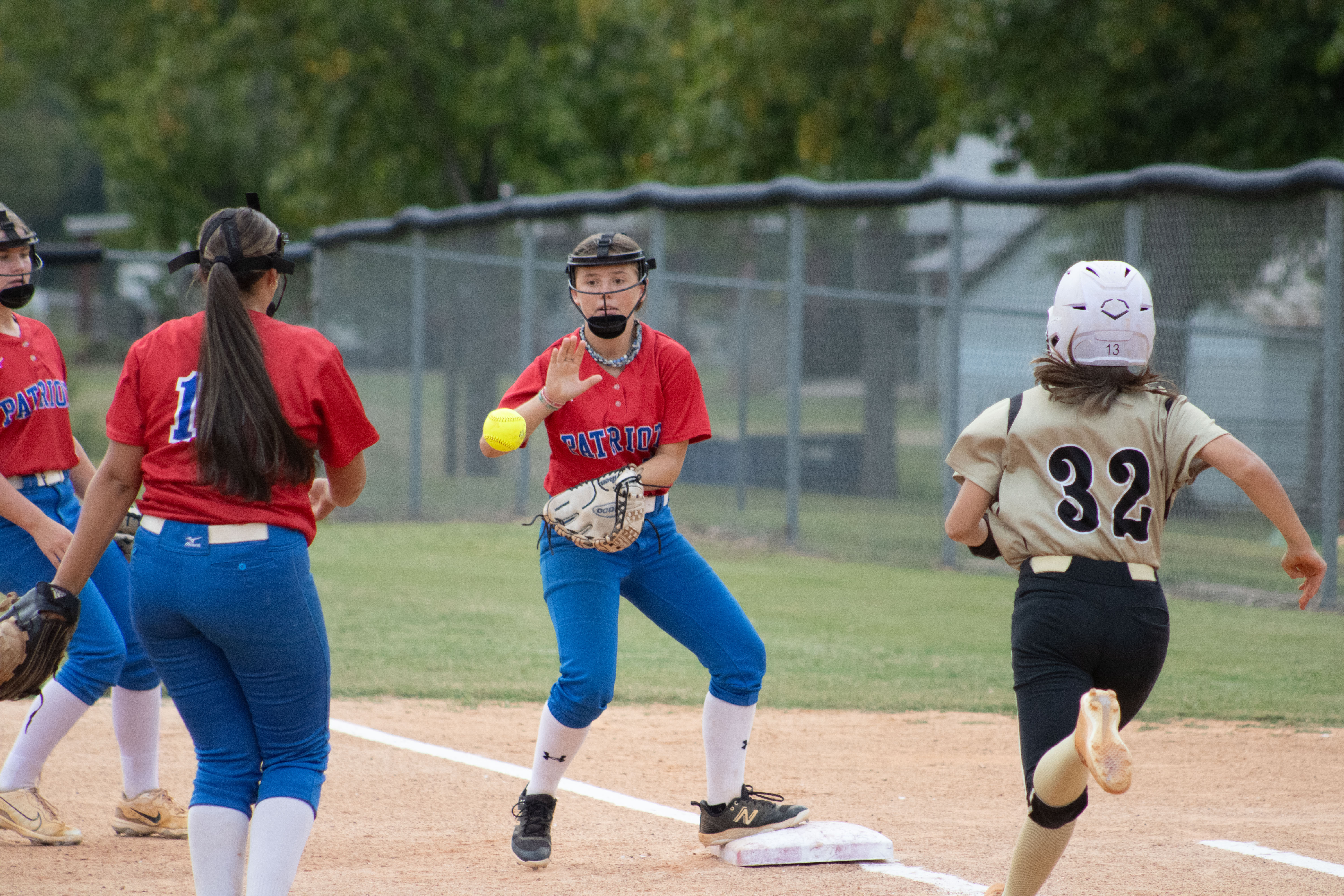 Freshman Jayden Ford catches the ball to ensure an out in Oglethorpe County’s game against Commerce softball game on Sept. 17. The Patriots have 12 wins this year, after finishing 2-20-1 in 2023. (Audrey Pfitzner/The Oglethorpe Echo)