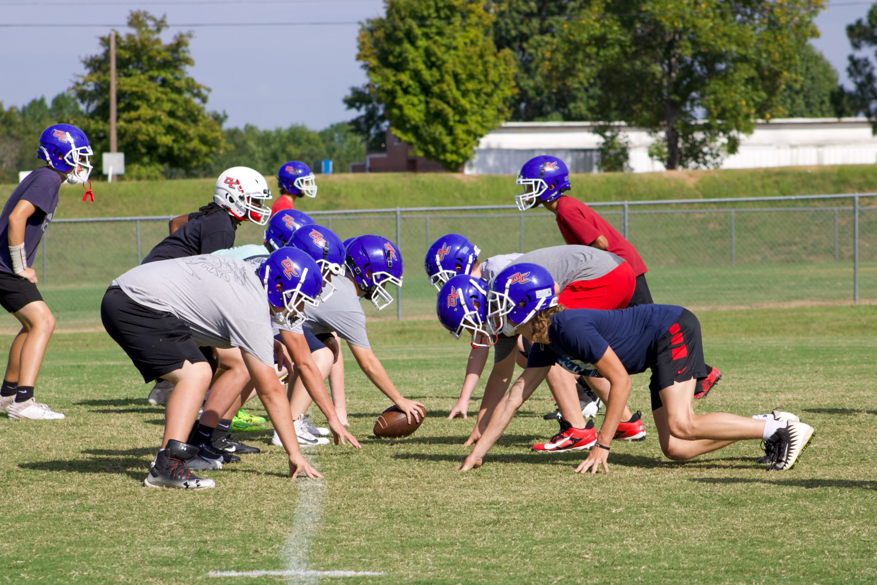 Players on the OCMS football team line up against each other at practice on Thursday, Sept. 5. The team has a record of 5-0 this season. (Audrey Pfitzner/The Oglethorpe Echo)