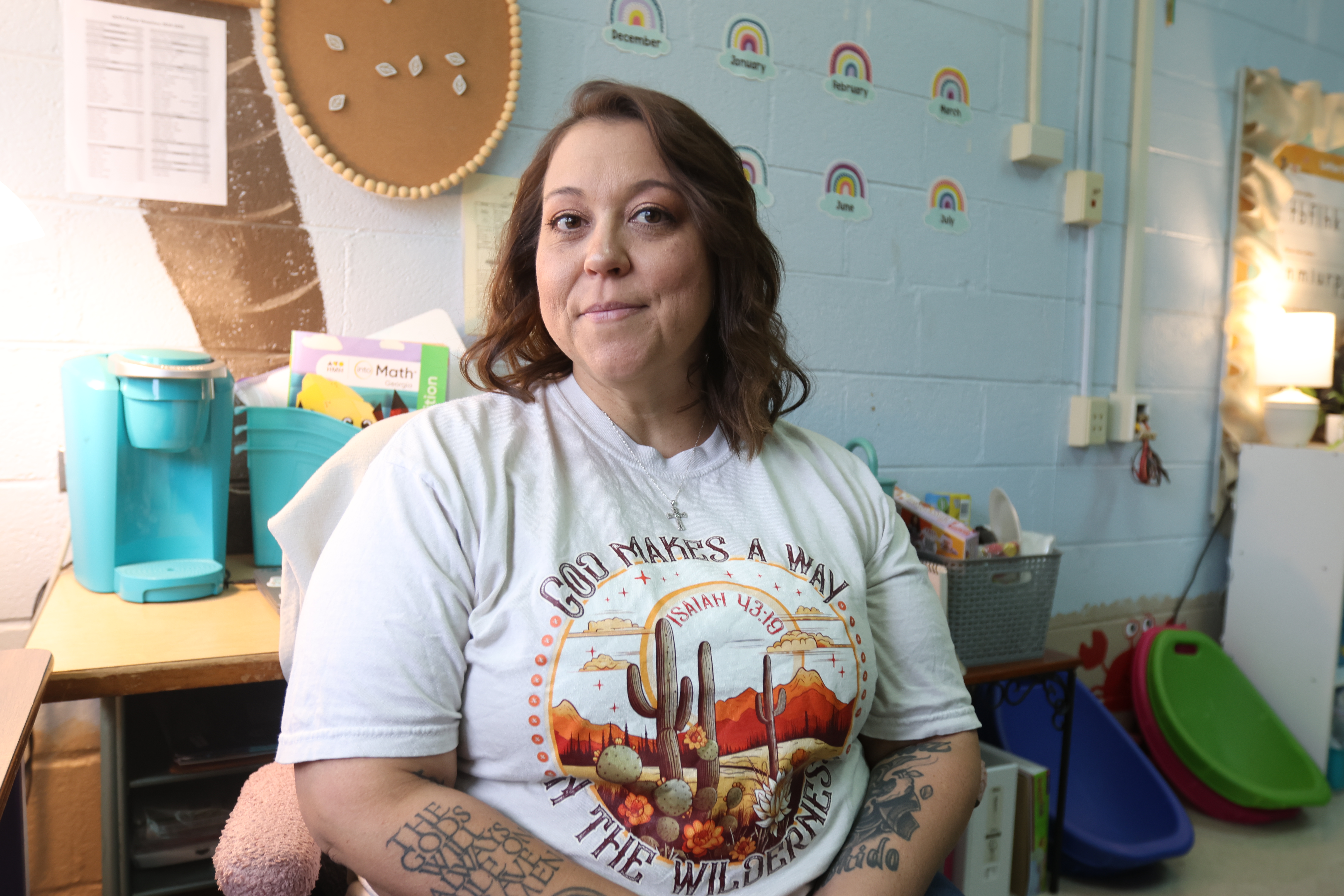 Samantha Mathe, a former deputy with the Oglethorpe County Sheriff’s Office, changed careers in 2023 and now co-teaches a first-grade special education class at Oglethorpe County Primary School. Mathe was with the Sheriff’s Office for nine years. (Avni Trivedi/The Oglethorpe Echo)
