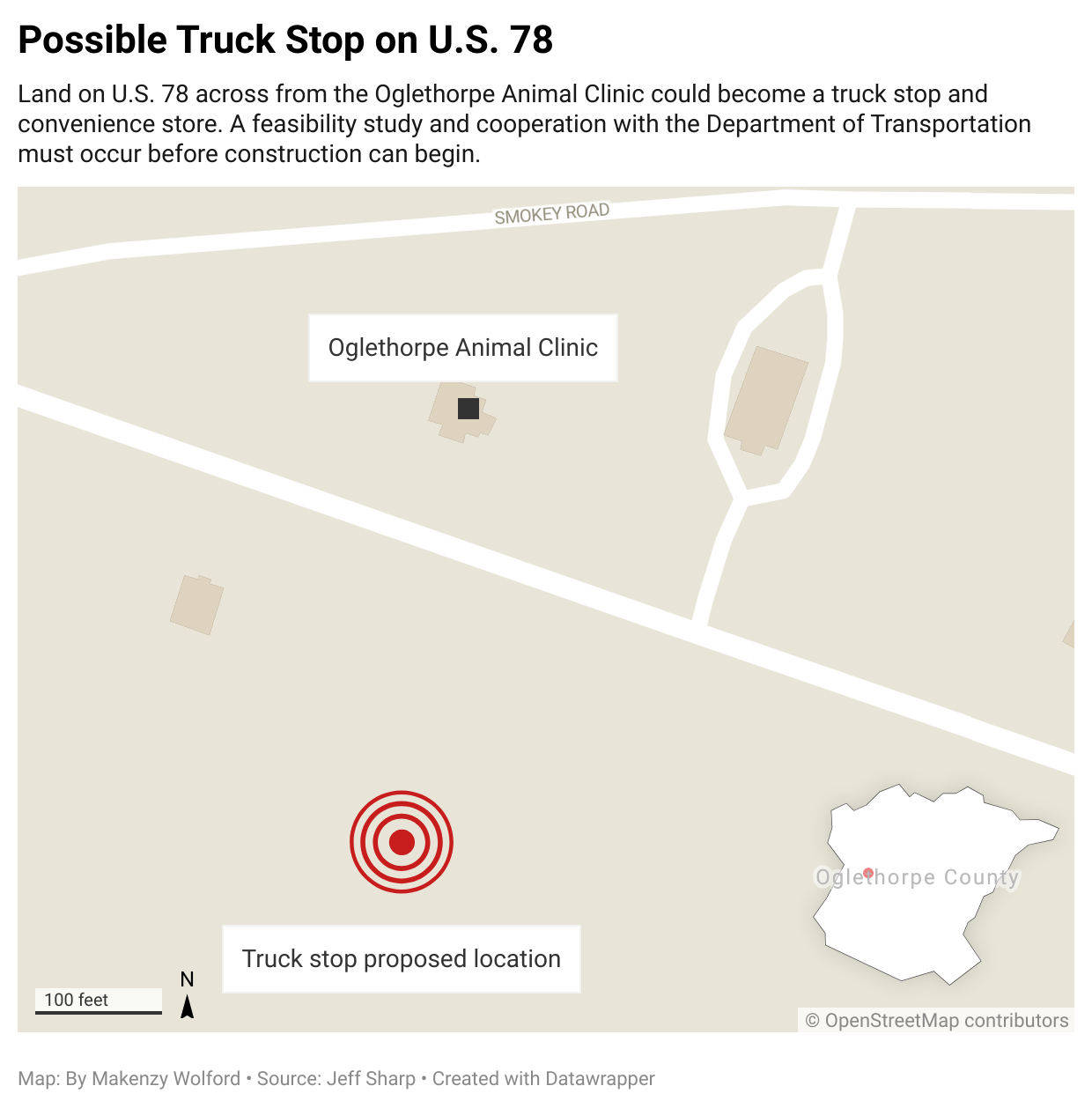 Locator map depicting the location of a potential truck stop and convenience store across the street from Oglethorpe Animal Clinic. 