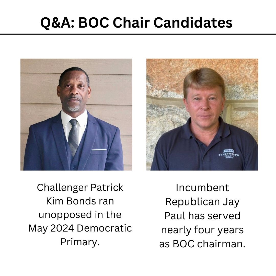 Incumbent Republican Jay Paul (right) will run against Democratic challenger Patrick Kim Bonds (left) for Oglethorpe County Board of Commissioners chair in the Nov. 5 election. Paul has served nearly four years as chairman and Bonds won in the May 2024 Democratic Primary. (Photo / Patrick Kim Bonds and Jay Paul)