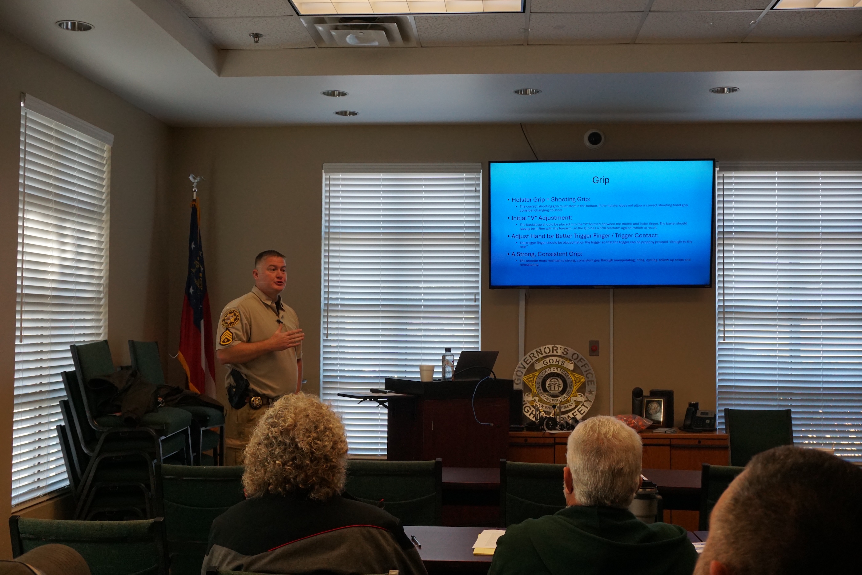 Sgt. Johnathan Duke gives a church safety presentation to members of the Sonlight Baptist Church at the Oglethorpe County Sheriff's Office. (Alex Perri/The Oglethorpe Echo))