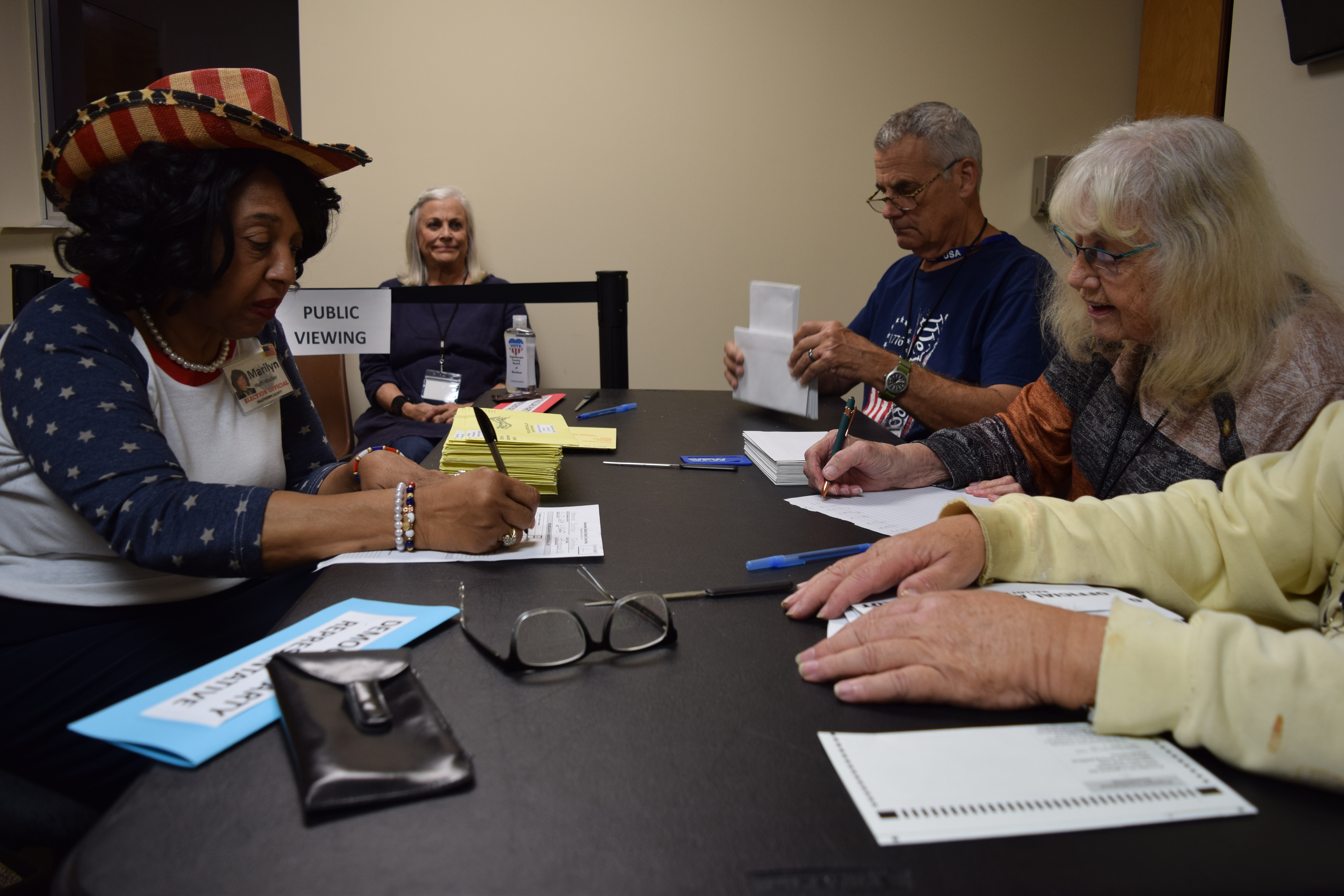 Oglethorpe County elections supervisor Marilyn Huff-Waller (left) helps distribute and count votes at the  Board of Elections in Lexington on Tuesday. Nationally, Donald Trump defeated Kamala Harris in the presi- dential race to return to the White House. (Mary Catherine Dodys / The Oglethorpe Echo)