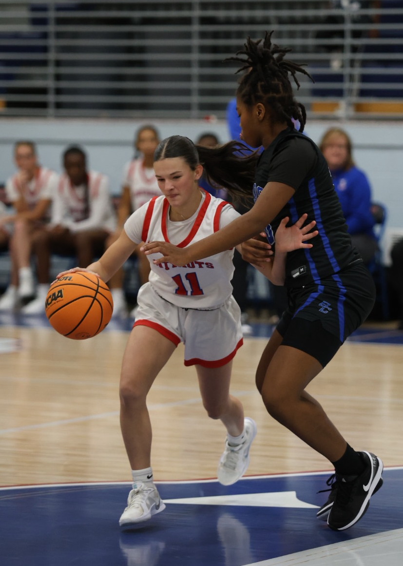 Oglethorpe County’s Khloe Eidson tries to drive past Burke County’s Imare Free in the Lady Patriots’ basketball game on Tuesday night. Burke County defeated the Lady Patriots 57-45 and won the boys game 59-42. (Ty Johnston/The Oglethorpe Echo)