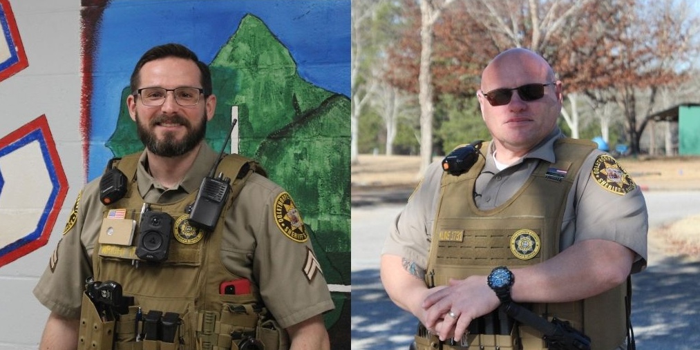 Officers Kevin Wright, left, and Robert Kline, right, are the new Oglethorpe County Schools resource officers. Wright, the officer for Oglethorpe County High School, said his role is to make sure students get “to go home every day.” He previously worked the night shift at the Sheriff’s Office. Kline is the officer for both Oglethorpe County Elementary and Middle schools. He also worked at the Sheriff’s Office, as part of the jail staff, before his new role. (Photo/Lucy Grey Shields)