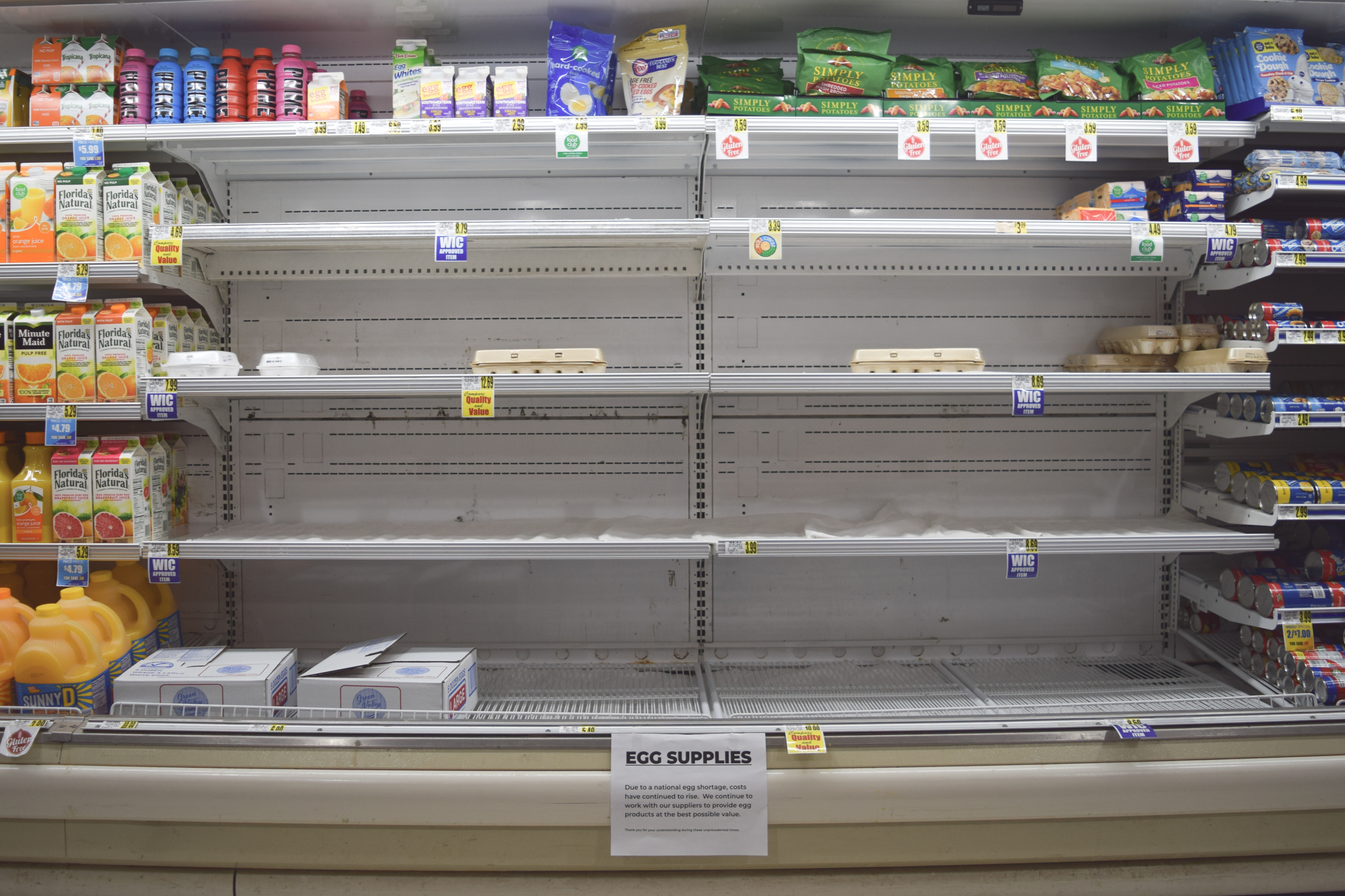 Eggs are few and far between at B&T's Food Fresh Market, where a sign in the egg section reads “Due to a national egg shortage, costs have continued to rise. We continue to provide egg products at the best possible value.” (Photo/Jesse Wood)