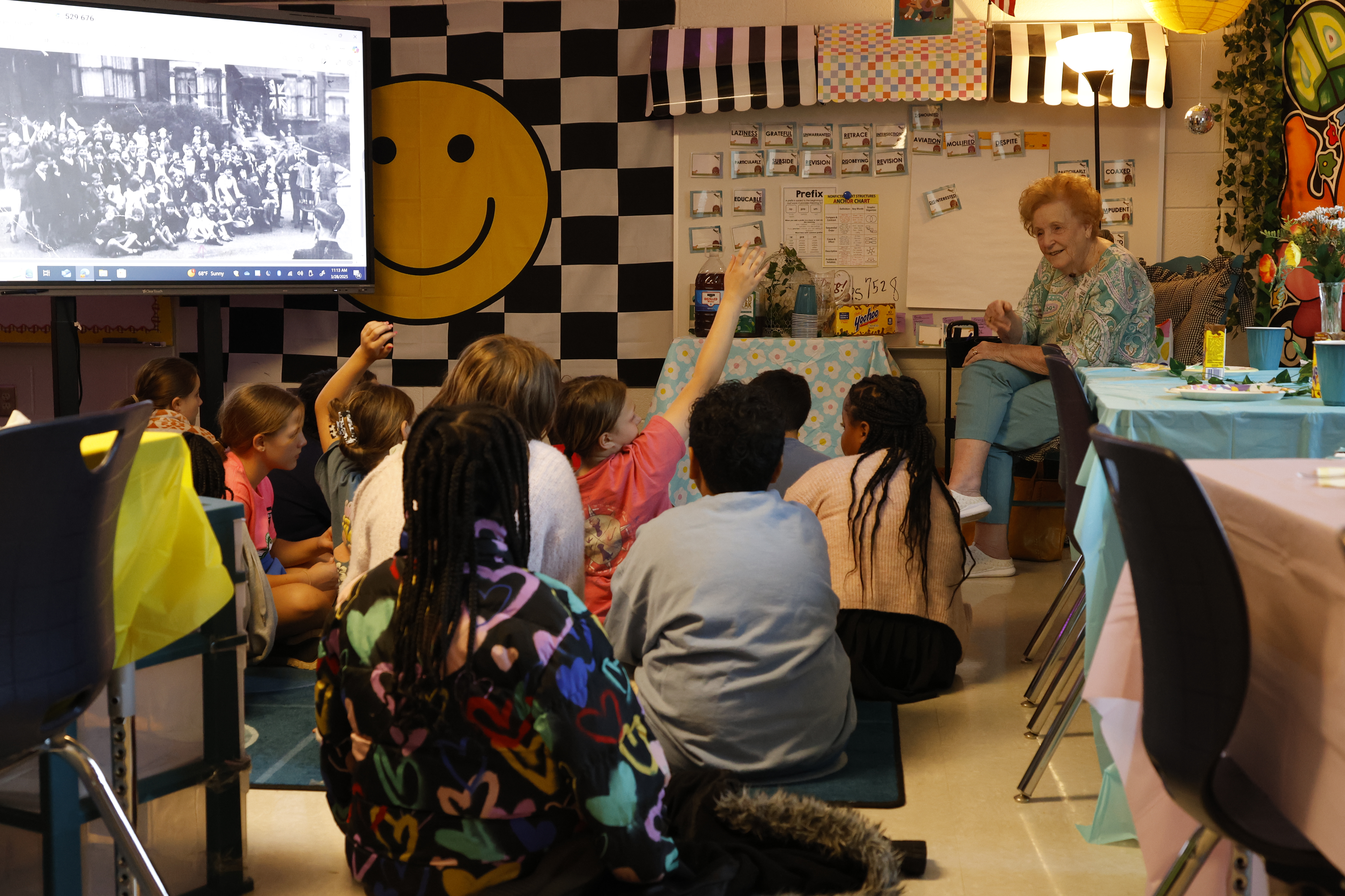 Gwendoline Browning answers questions asked by the fifth graders of Oglethorpe County Elementary School during her presentation on Friday, March 28, 2025 in Lexington, GA. Browning sat patiently and listened to these questions for thirty minutes after she had finished telling her story. (Photo/Frankie Hennessy)