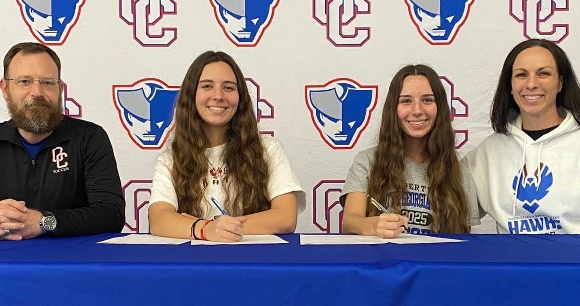 Oglethorpe County soccer players Emily and Madeleine Forschler signed with South Georgia State earlier this year. Erich (left) and Melissa Forschler, their parents, attended the signing. Erich Forschler is also the girls soccer coach at OCHS. (Submitted photo)