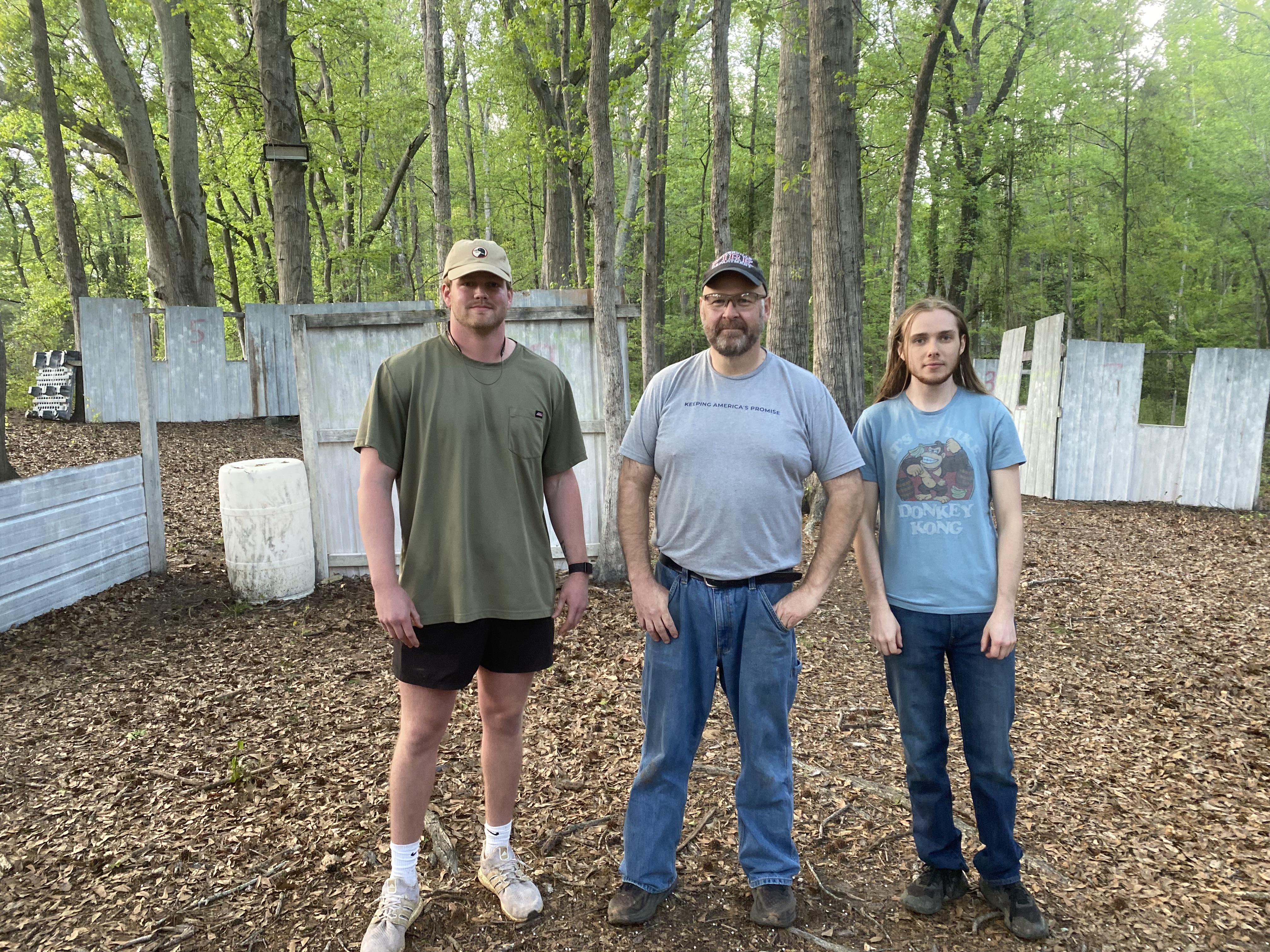 Ryan Sowell (from left), Chuck Thornton and James Thornton take a break from working on the Georgia Airsoft Inc. facility in Winterville last month. Thornton was one of the first to open a commercial airsoft facility. (Photo/Mitchell Stone)