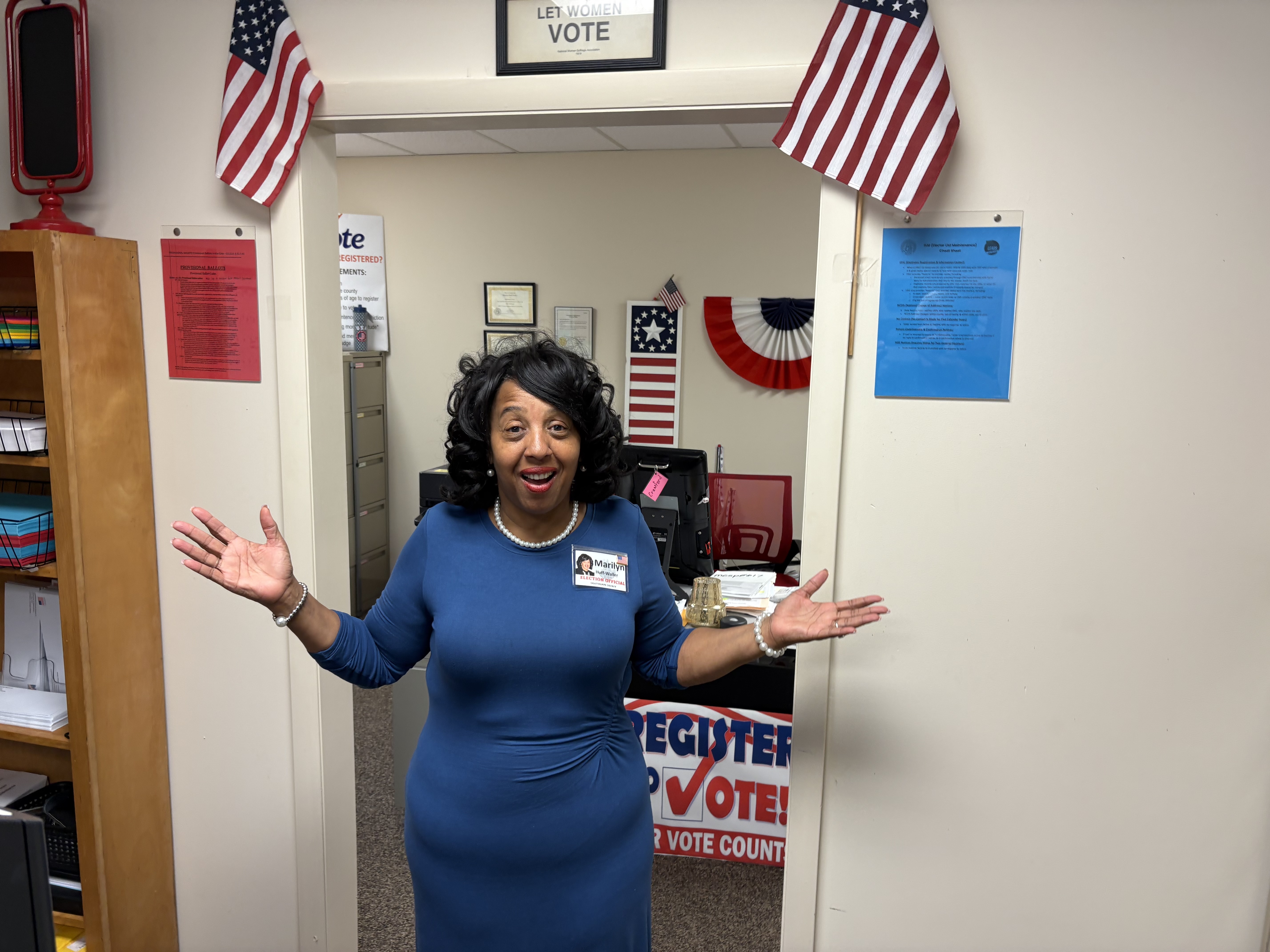 Oglethorpe County Elections Supervisor Marilyn Huff-Waller asks "Where are all the voters?" the morning of the special election at the county elections office on June 17. Though Election Day turnout was slow, Election Assistant Steve McCannon said the county was ahead of other parts of the state in early voting. (Photo/Dink NeSmith)