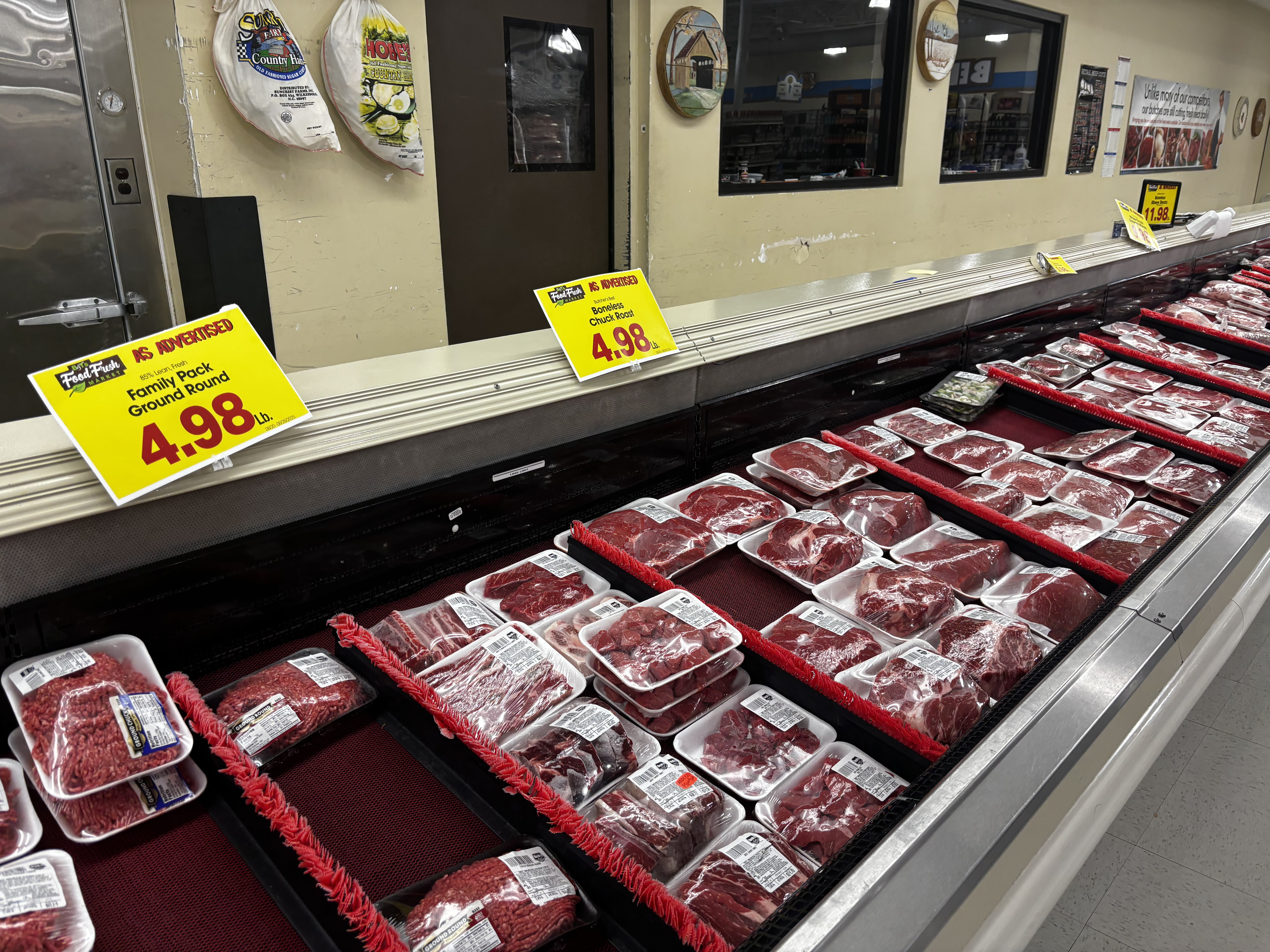 Beef products on sale at B&T grocery store in Lexington, GA on Aug. 23, 2025. Oglethorpe County is feeling the affects of rising beef prices nationwide (Photo/Jacob Harper).