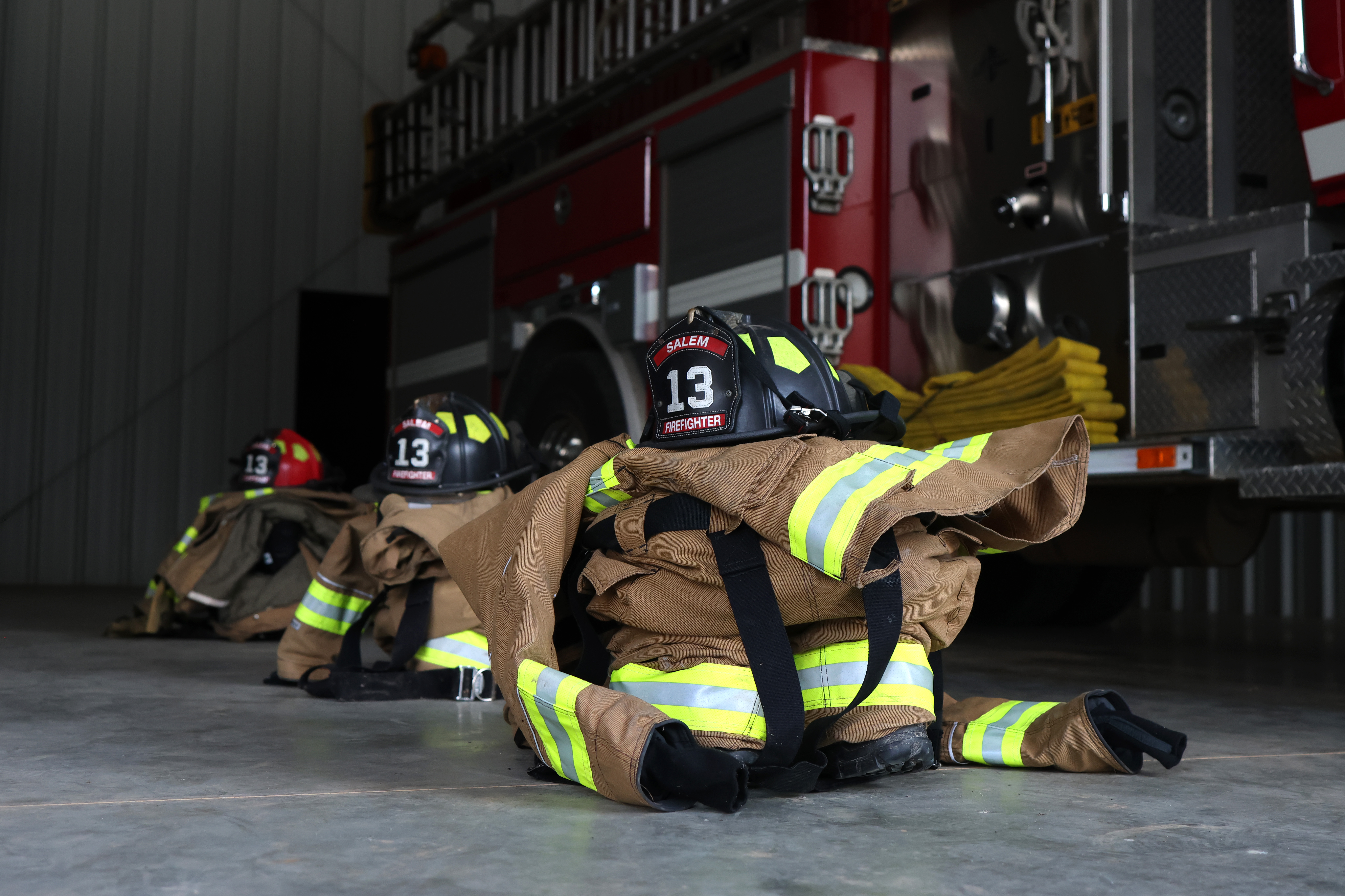 Firefighter equipment sits on the floor of Salem Fire and Rescue's main station in Lexington, Georgia, on Friday, Sept. 5, 2025. An expansion to the station was completed in October 2024. (Katherine Davis/The Oglethorpe Echo)