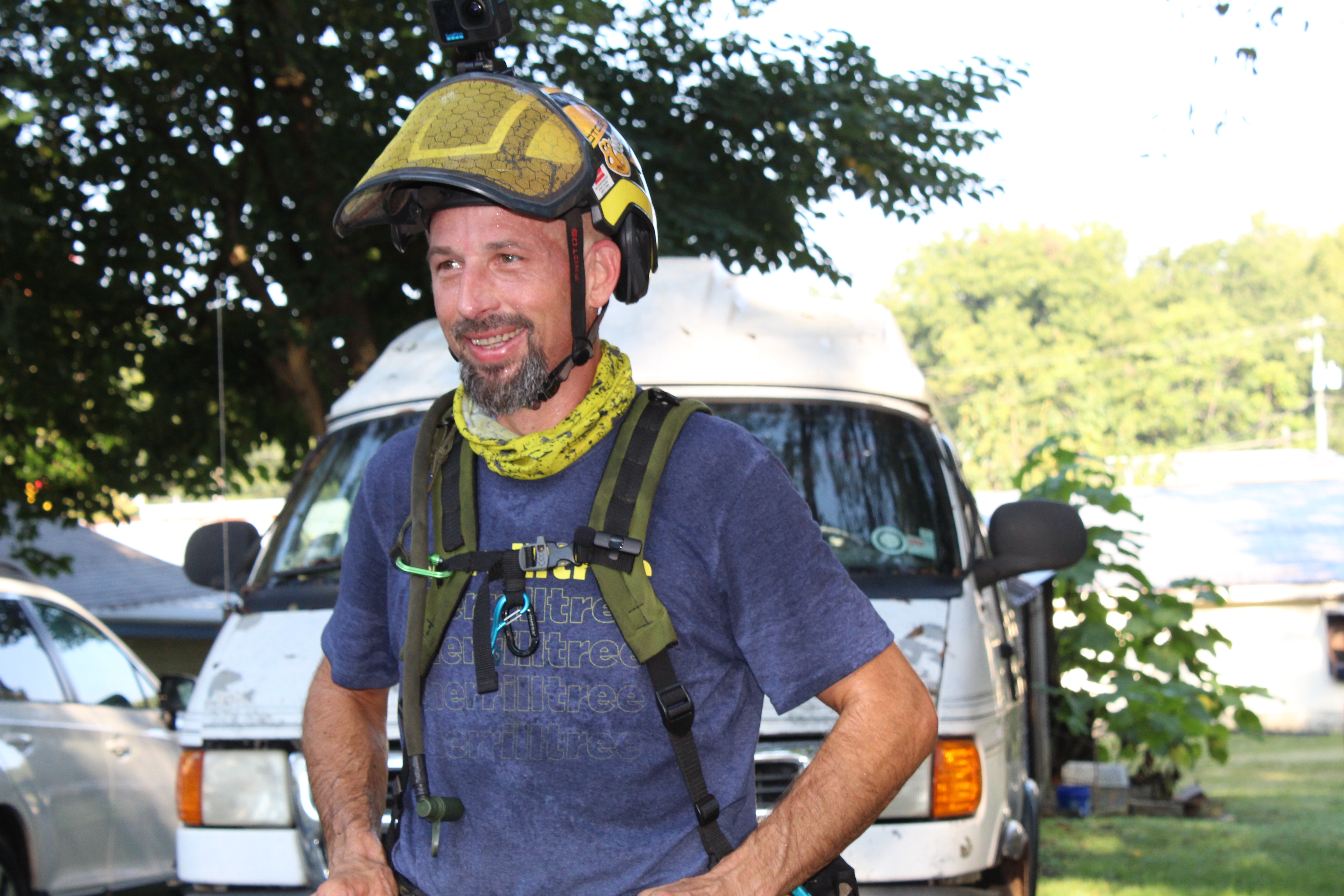 Lexington’s Frankie Hart, owner and operator of Hart Tree Care, wears his tree-climbing gear. He used his skills to help clear debris during Hurricane Helene relief efforts in North Carolina. (Emily Adams/The Oglethorpe Echo)