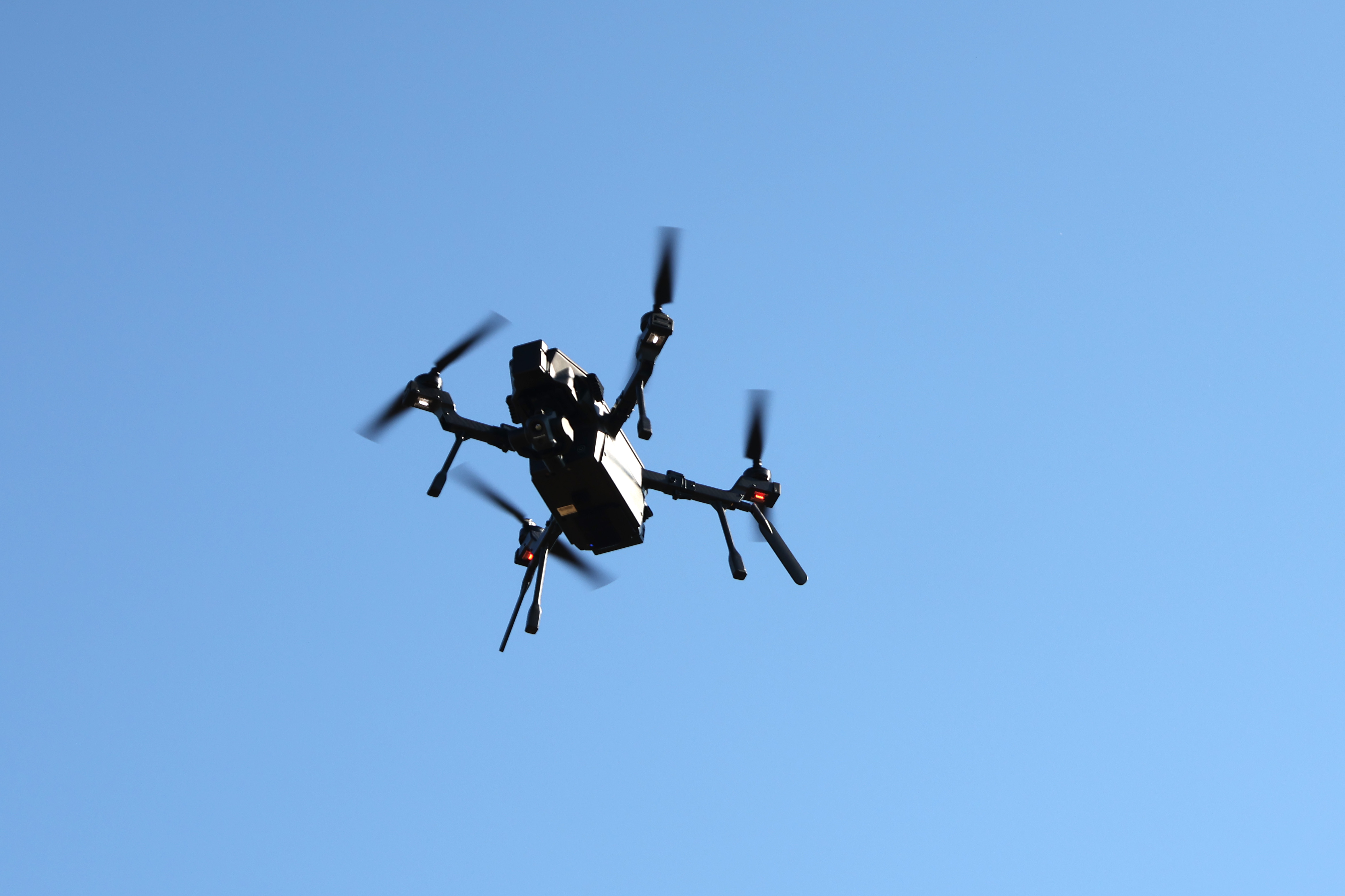 The Teledyne FLIR SIRAS hovers in the air in Lexington, Georgia, on Friday, Oct. 17, 2025. The Teledyne FLIR SIRAS is used for public safety events. (Katherine Davis/The Oglethorpe Echo)