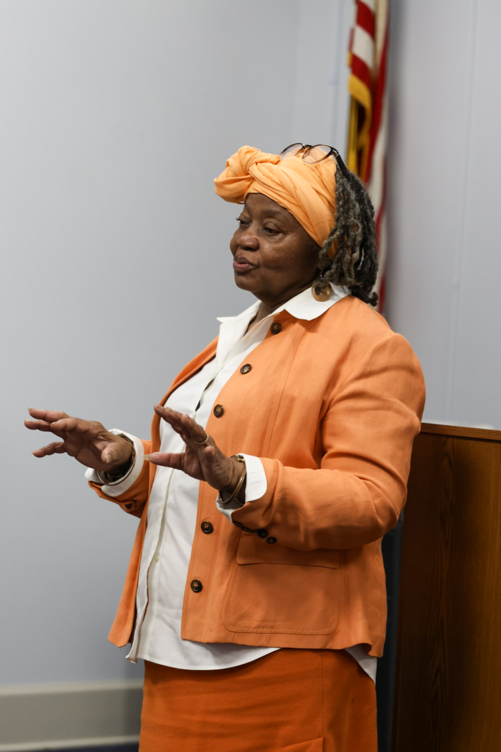 Mamie Hillman, founder and director of the Greene County African American Museum, speaks to about 20 people at the Historic Oglethorpe County meeting at the Oglethorpe County Library on Tuesday, October 28, 2025. The museum opened in October 2021. (Photo/Susanna Johnson)