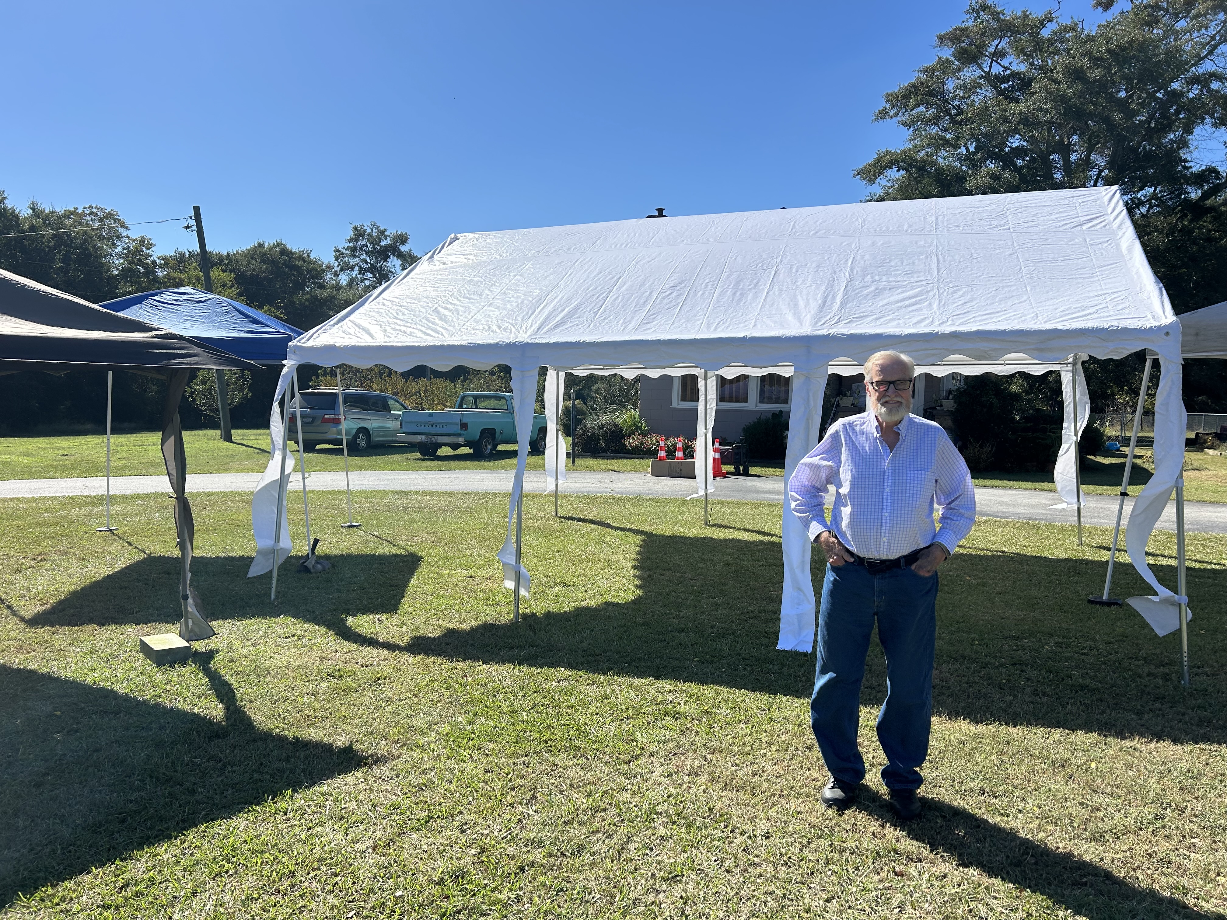 Doug Griffin stands outside the tents that will host the Field of Worship event Oct. 10–12. All of the tents were donated. (Photo/Molly Moore)
